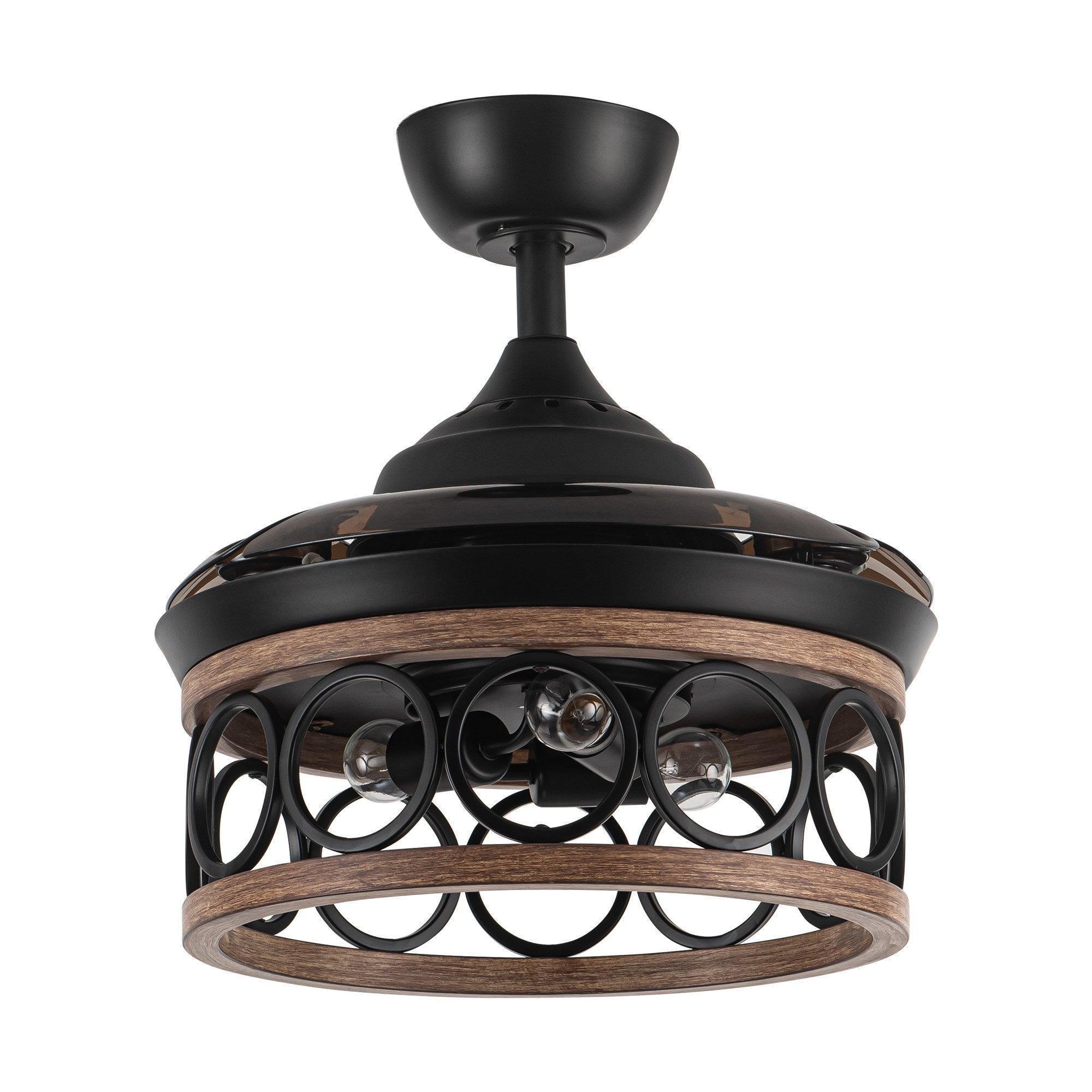 Black ceiling fan with light kit, circular cage, and wood-tone rim detail