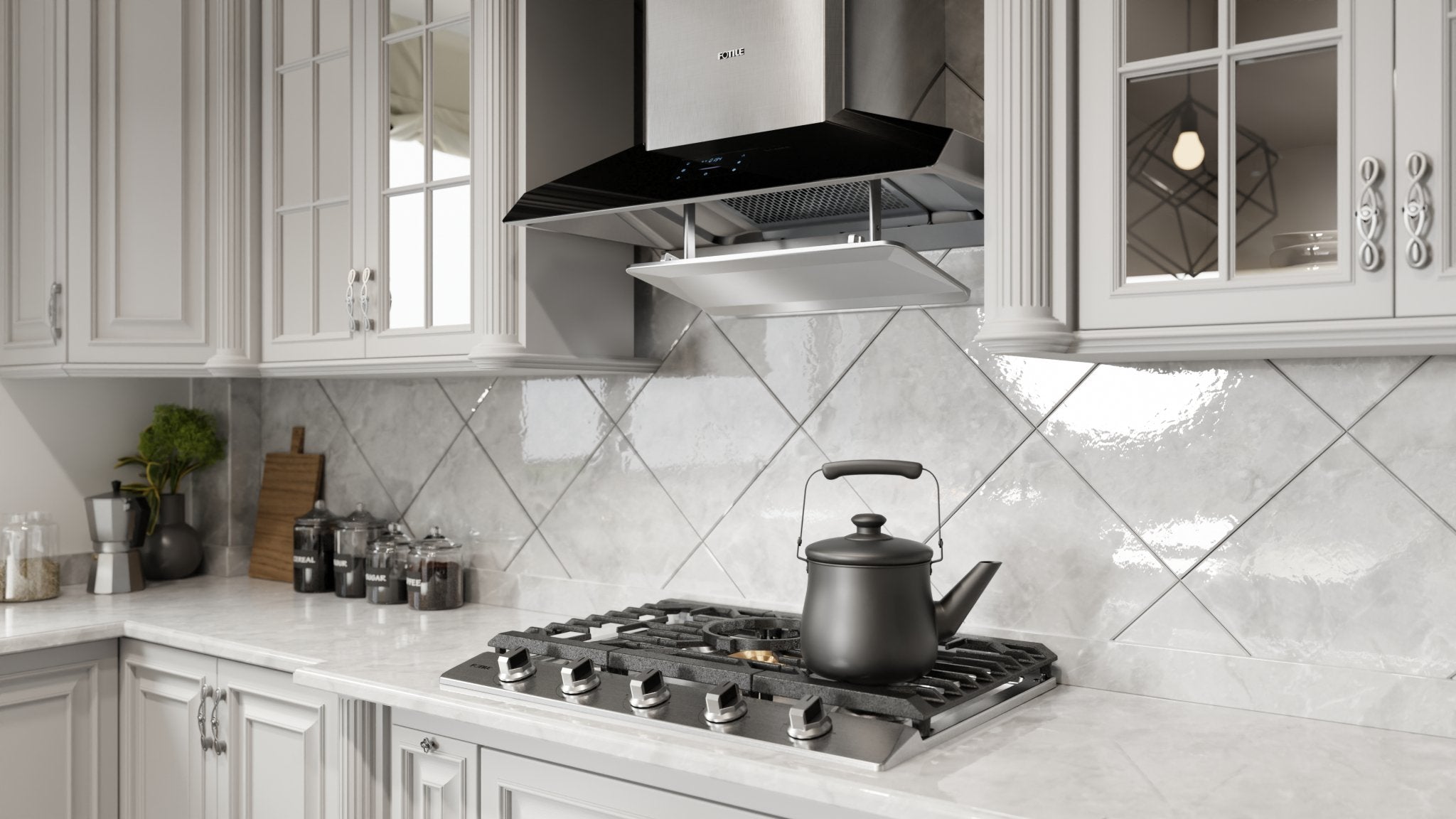 Fotile wall range hood with stainless chimney, black canopy and visible vent filters