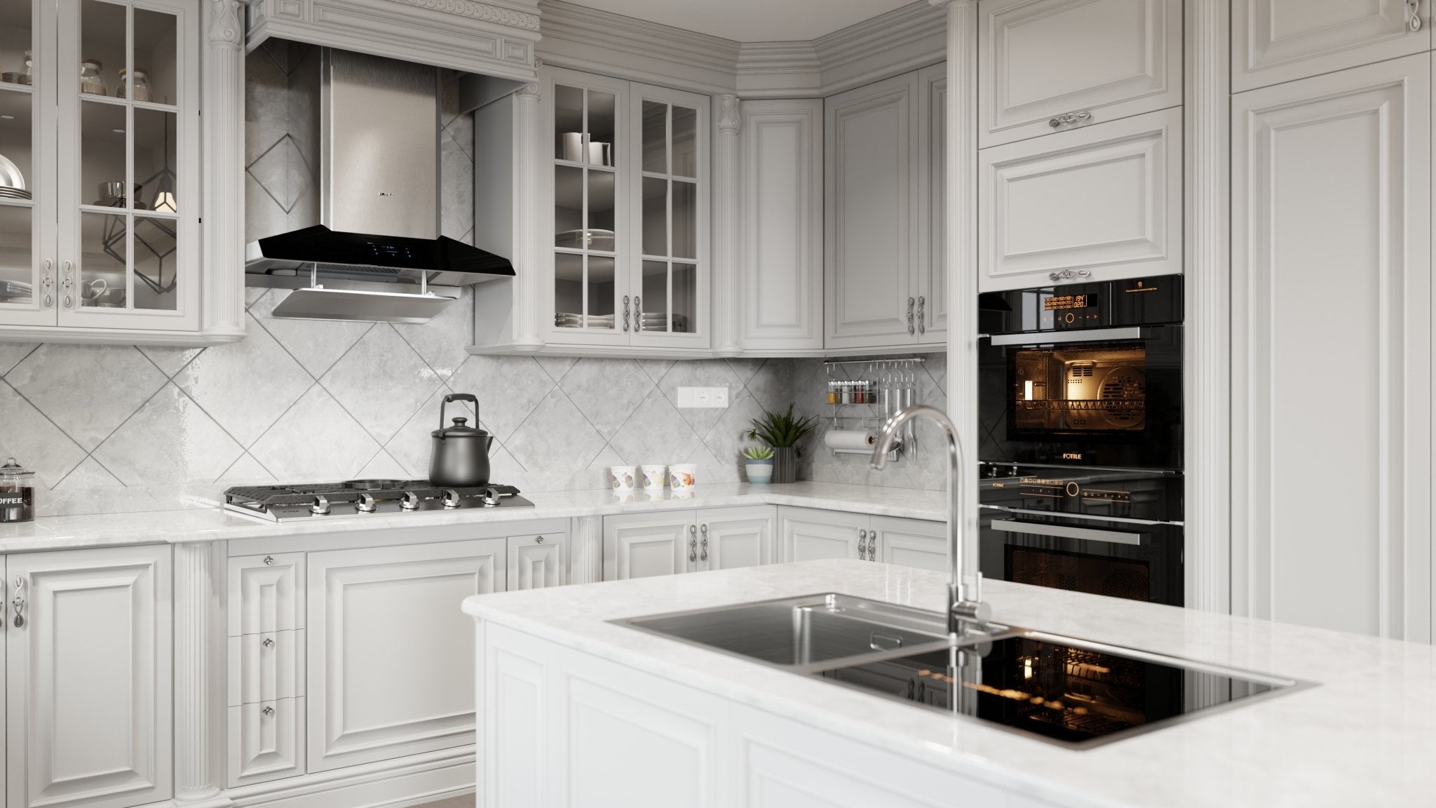 Wall-mounted Fotile range hood over cooktop, black canopy and brushed stainless chimney
