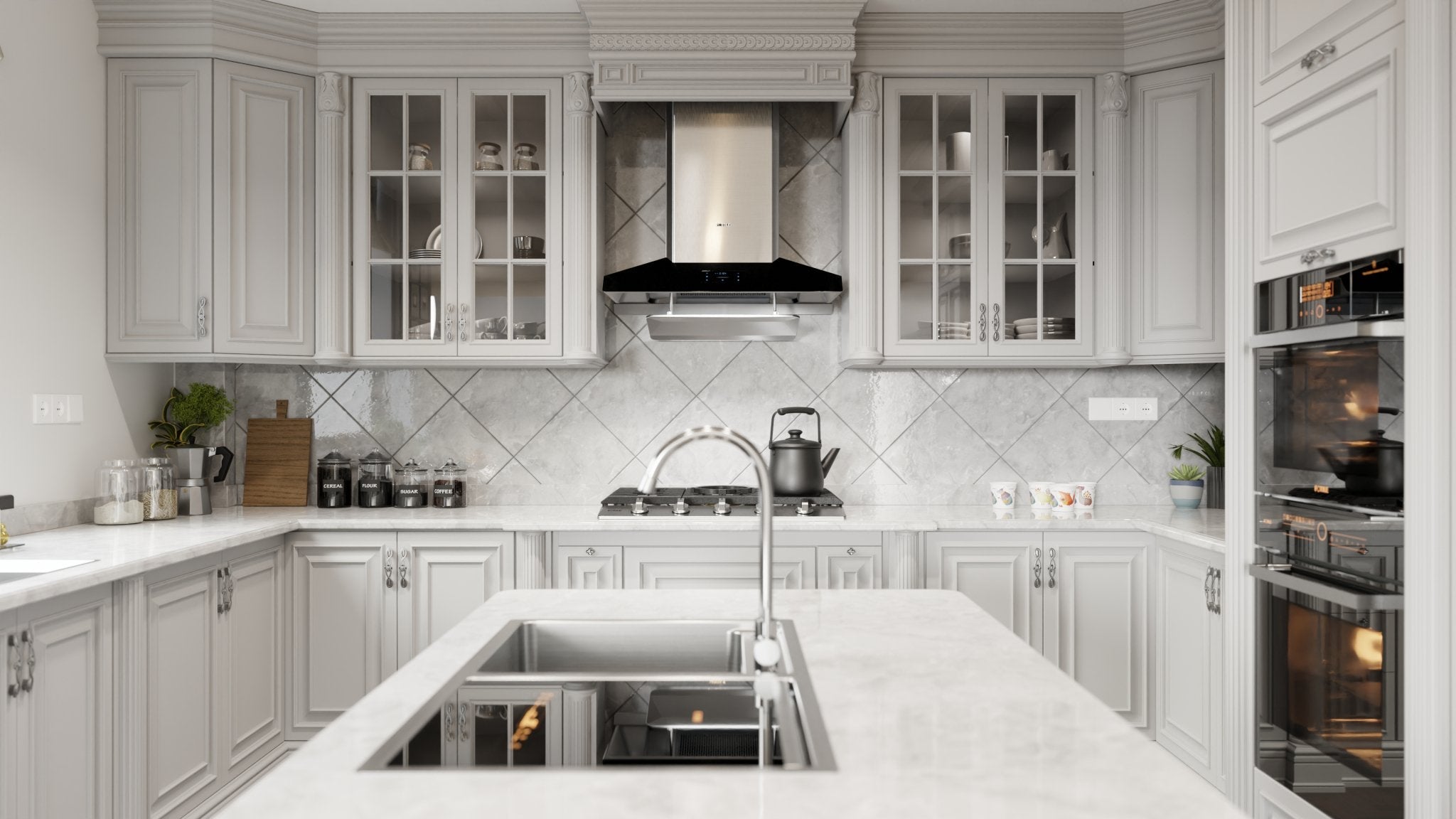 Wall-mounted Fotile range hood above island cooktop, black canopy and stainless chimney
