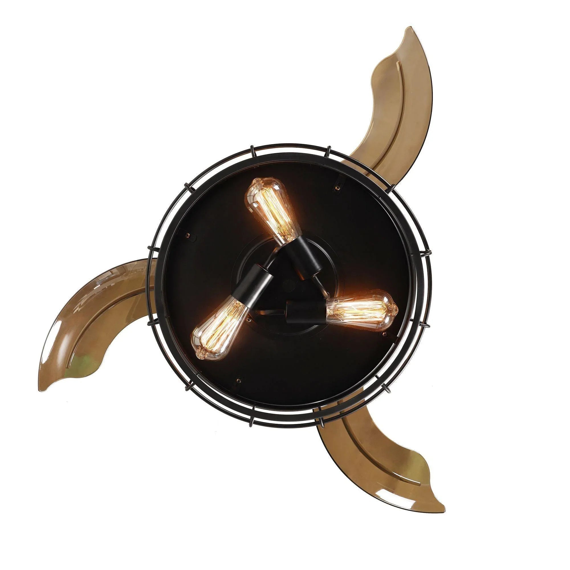 Black ceiling fan light with three amber bulbs and bronze blades