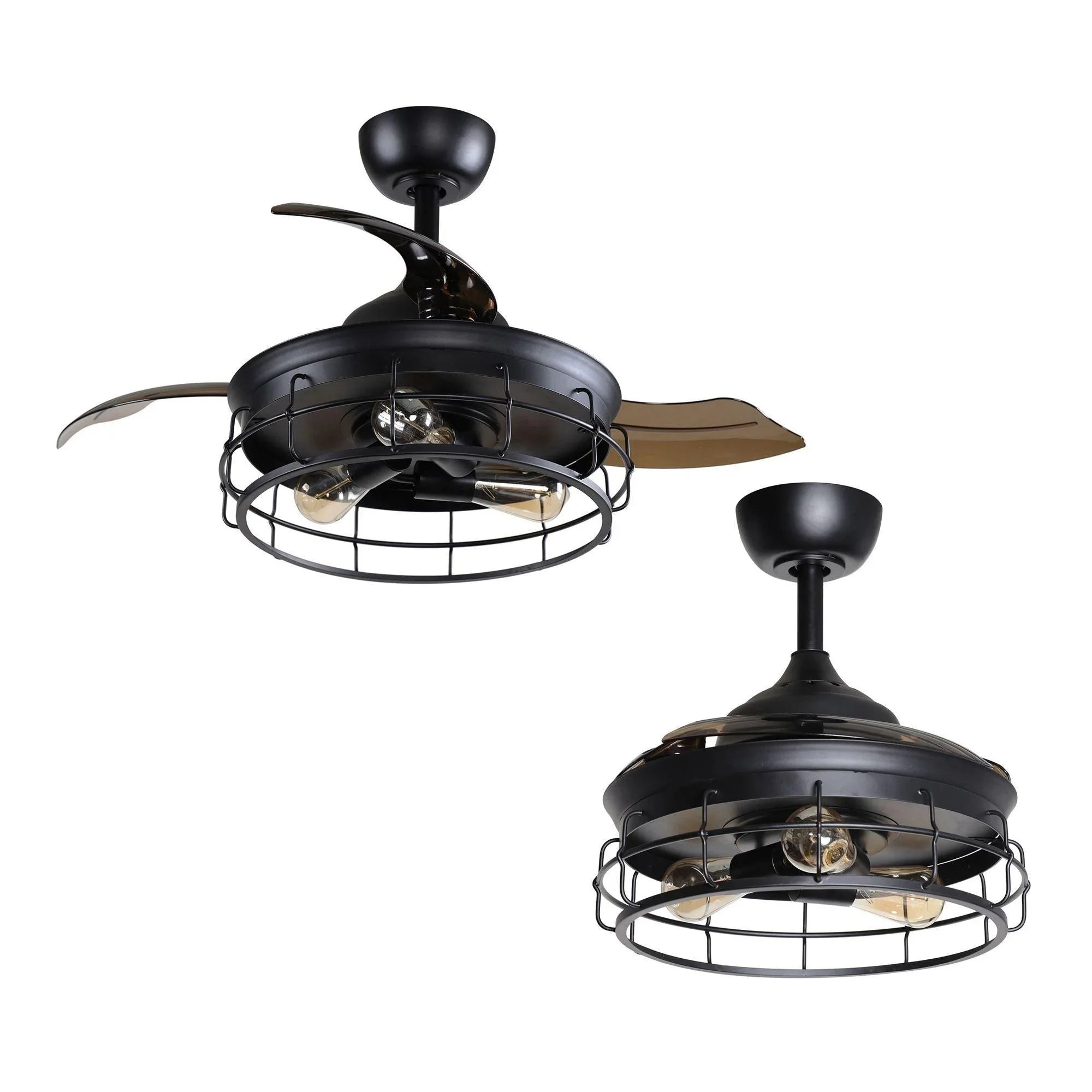 Black ceiling fan with wire cage light and bronze blades, dual view