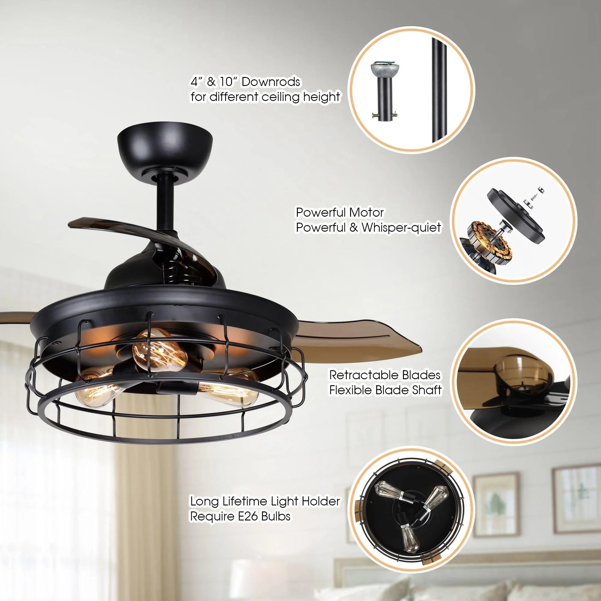 Black ceiling fan with bronze blades and wire cage light on a downrod mount