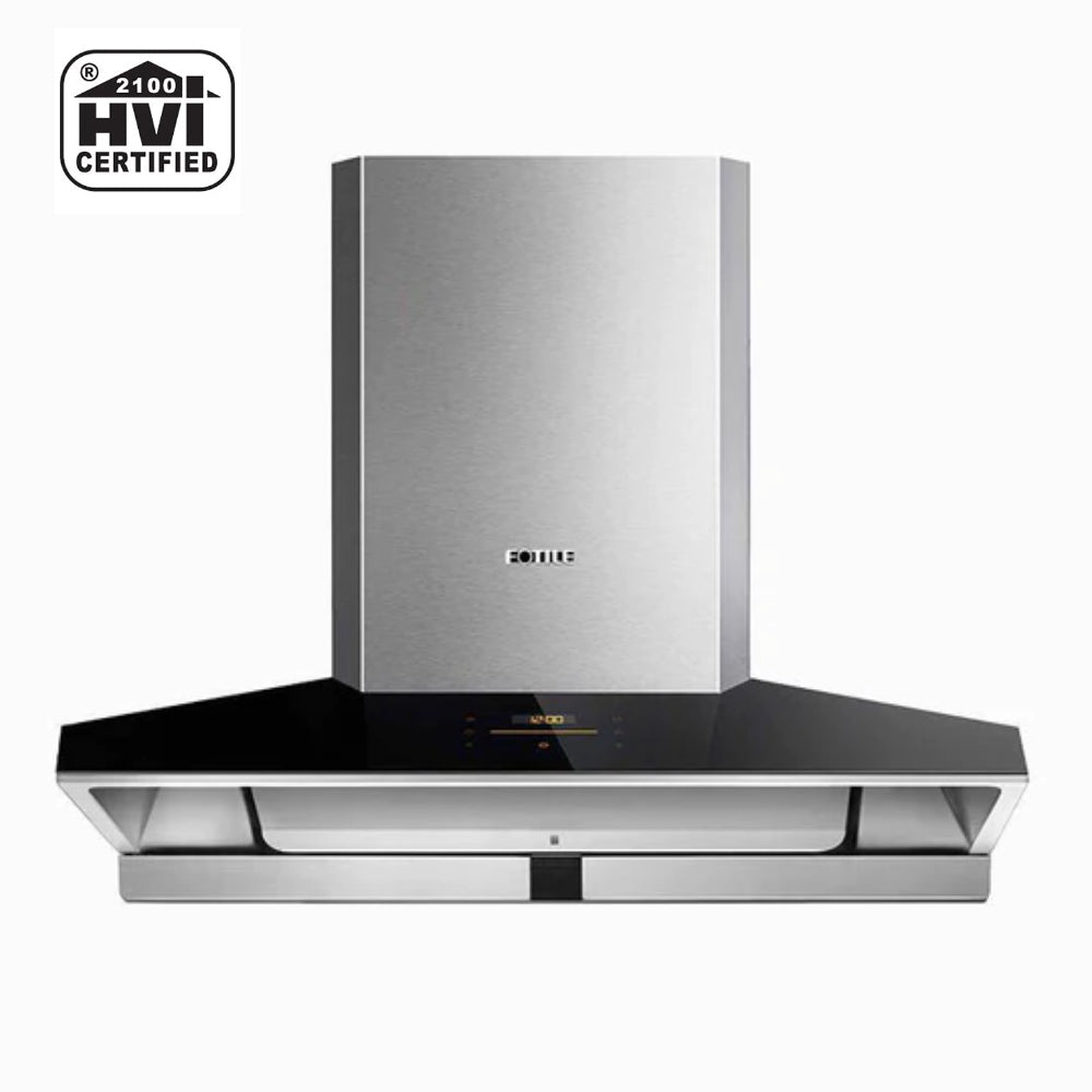 Stainless steel wall-mount range hood with dark center touch control panel