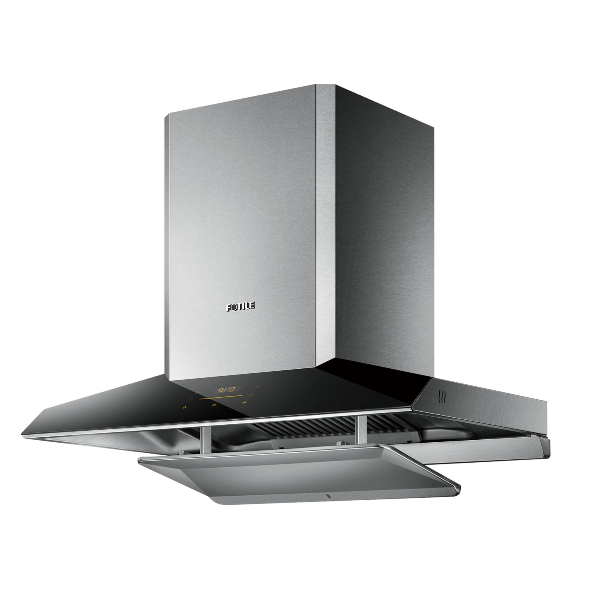 Fotile stainless steel wall mount range hood with chimney and angled vent canopy