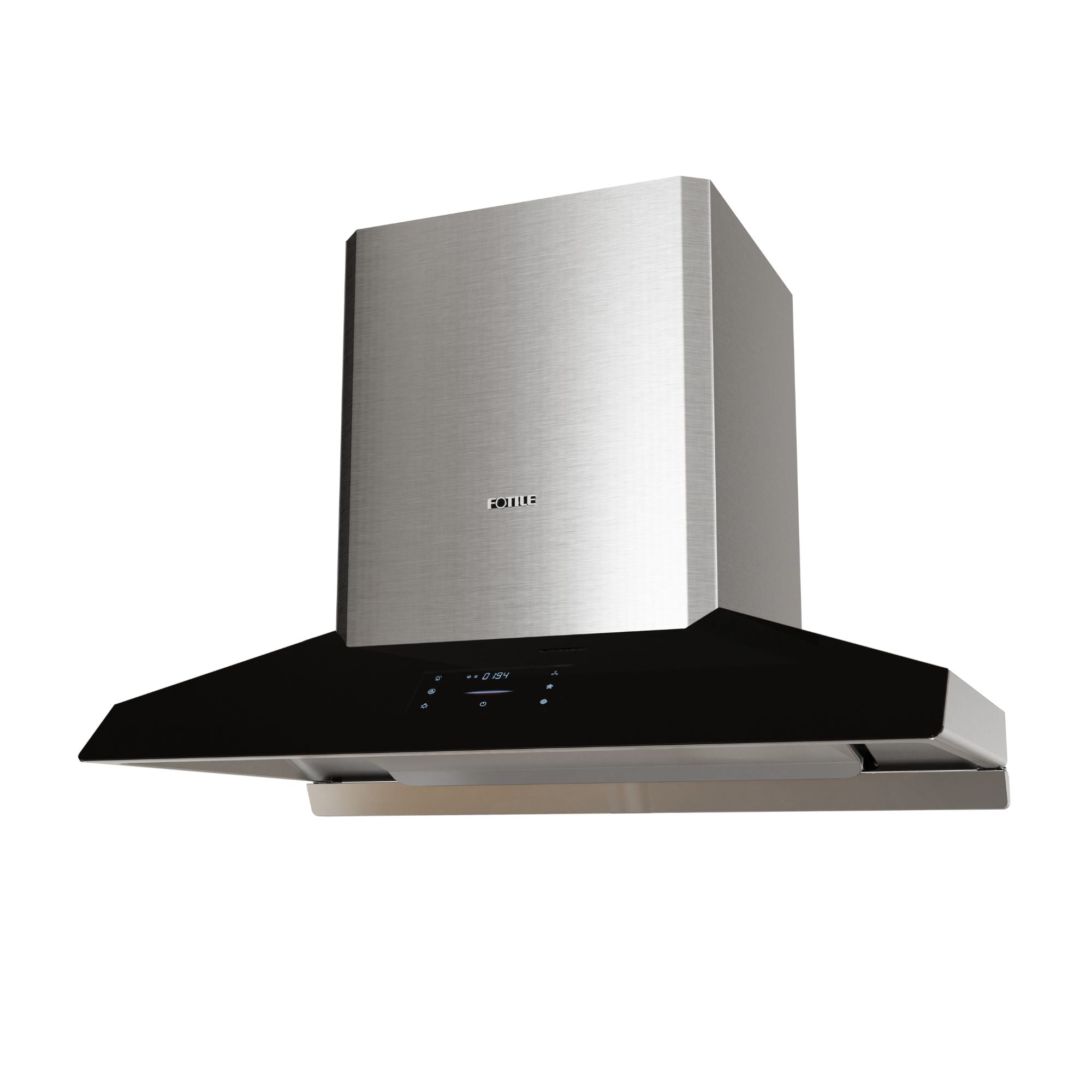 Fotile wall range hood with black canopy and brushed stainless chimney, angled side view