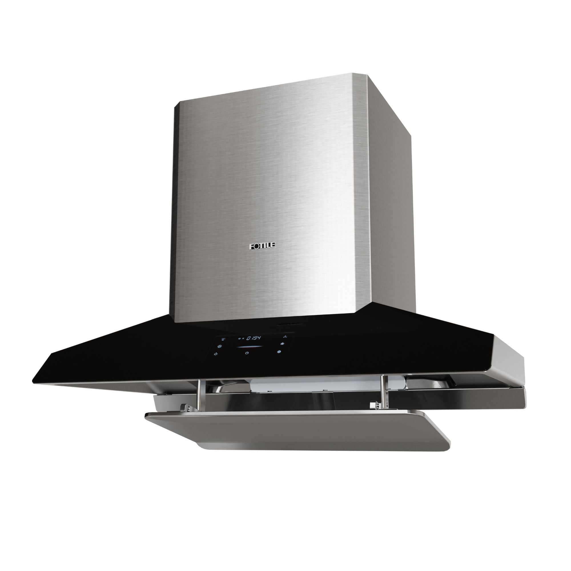 Fotile wall range hood with brushed stainless chimney, black canopy and open vent baffle