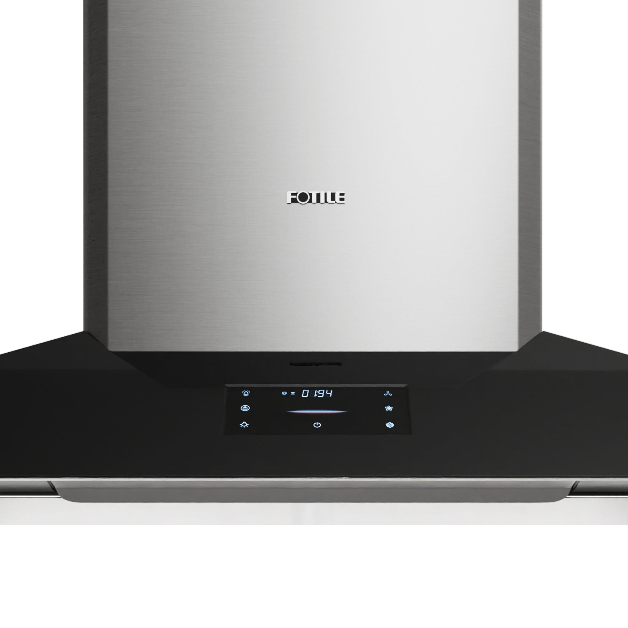 Fotile range hood front control display on black canopy, brushed stainless housing