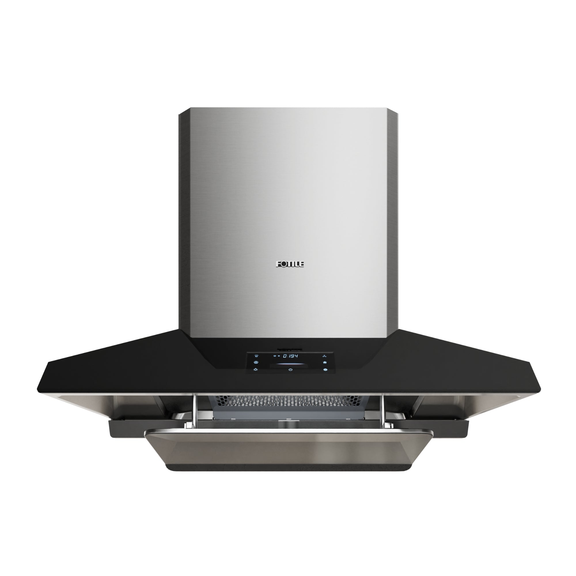 Fotile range hood with black canopy and brushed stainless chimney, vent grille and buttons