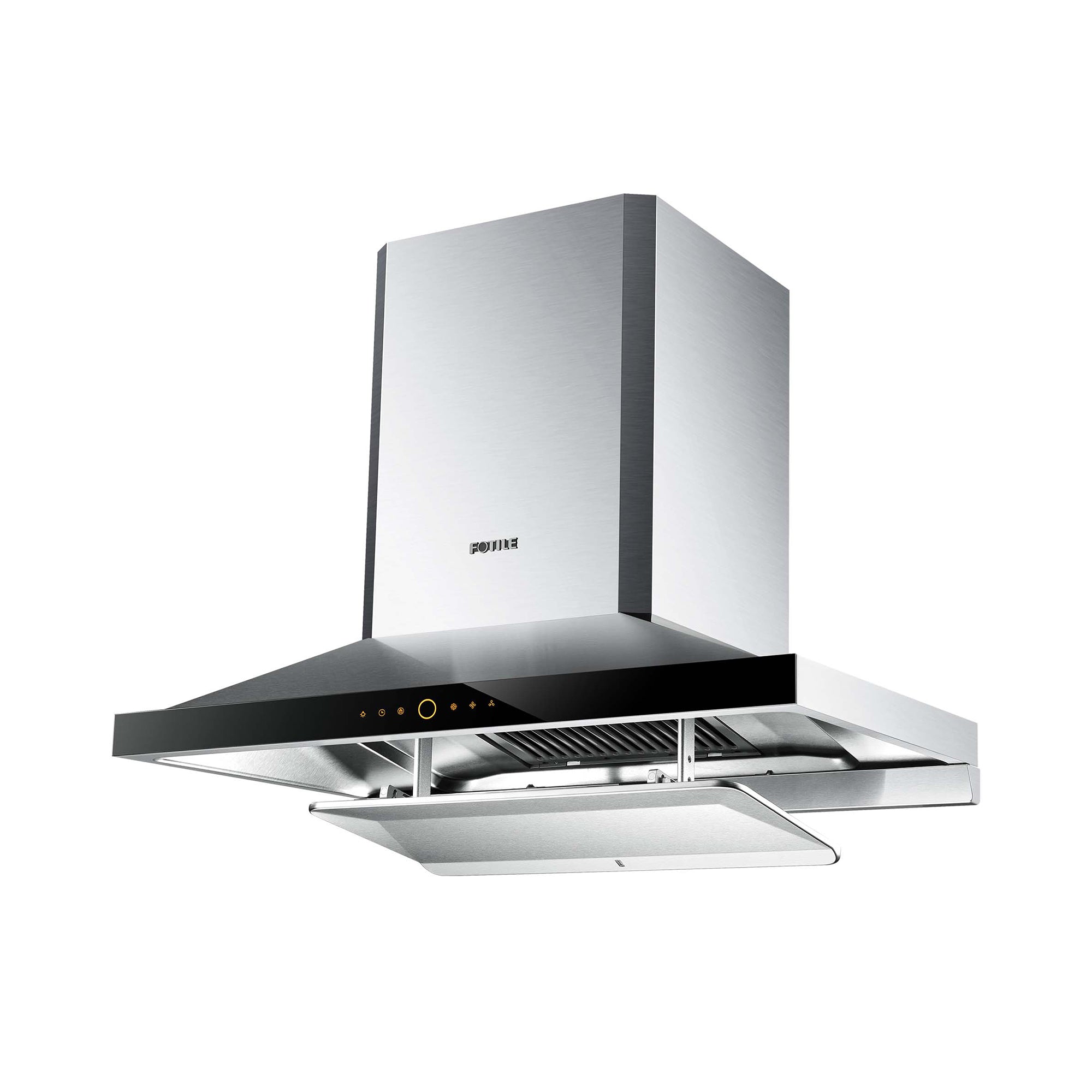 Stainless steel wall-mount range hood with black underside, touchscreen and LED lights