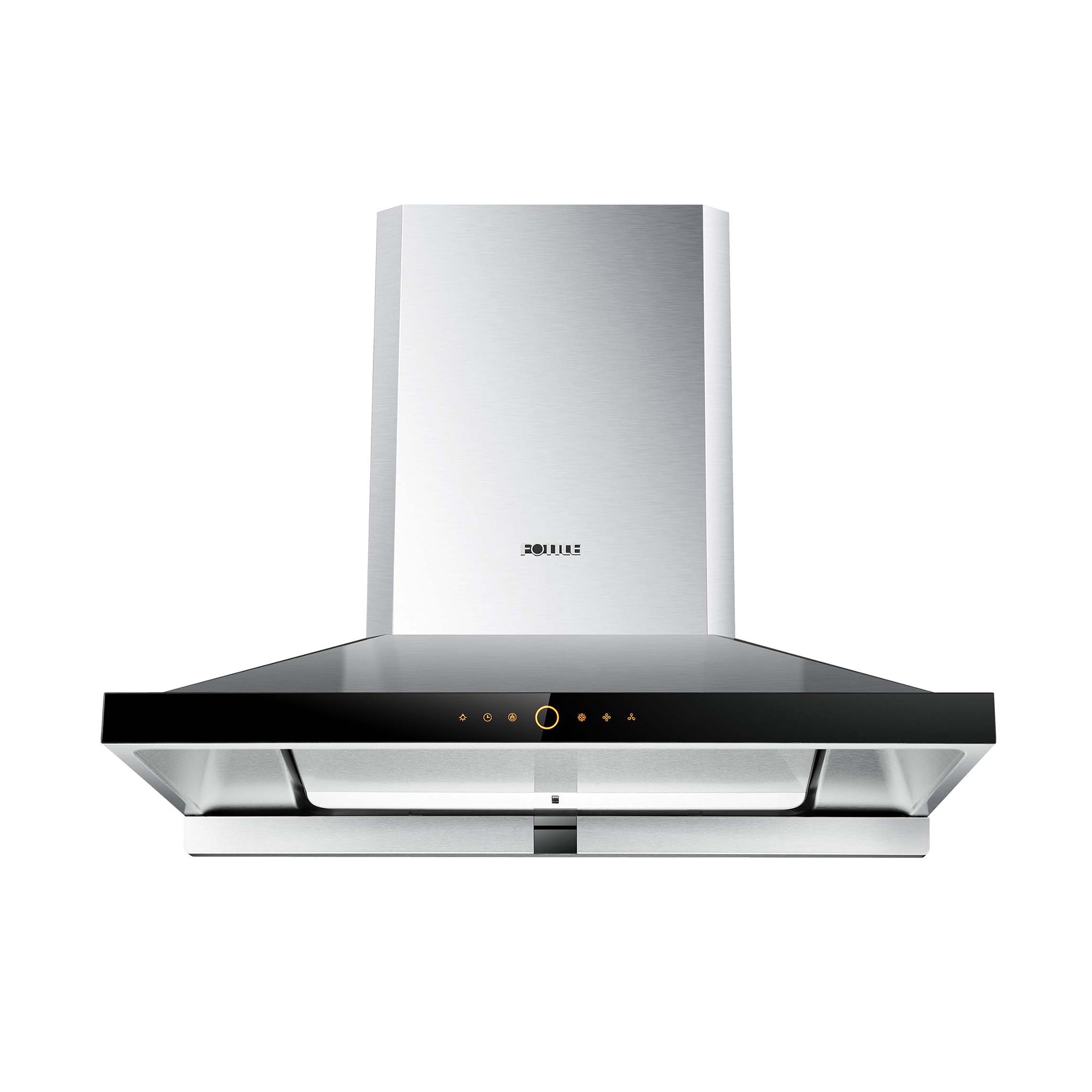 Stainless steel wall-mount range hood with black glass panel and touch controls
