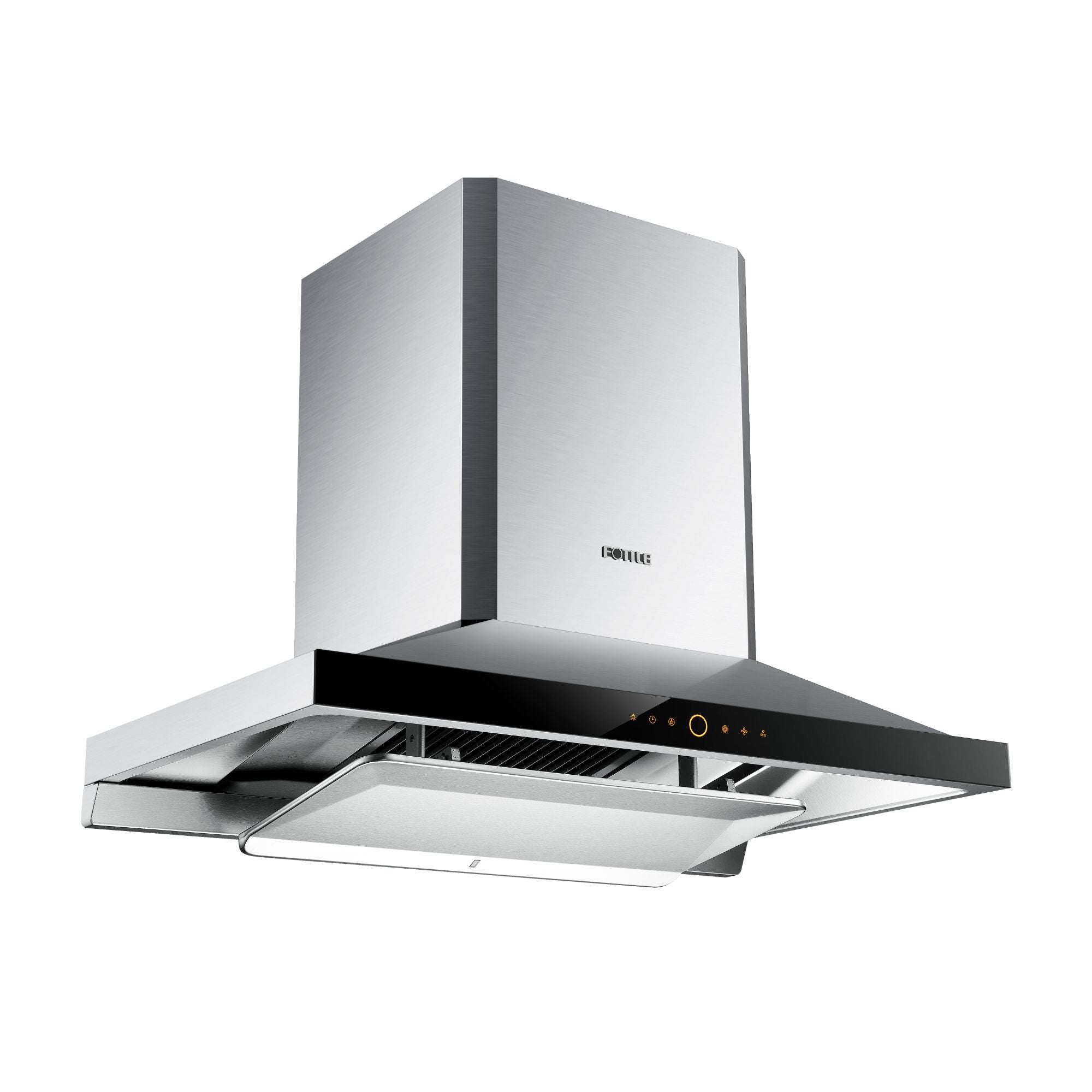 Stainless steel wall-mount range hood with extended vent filters and black chimney panel