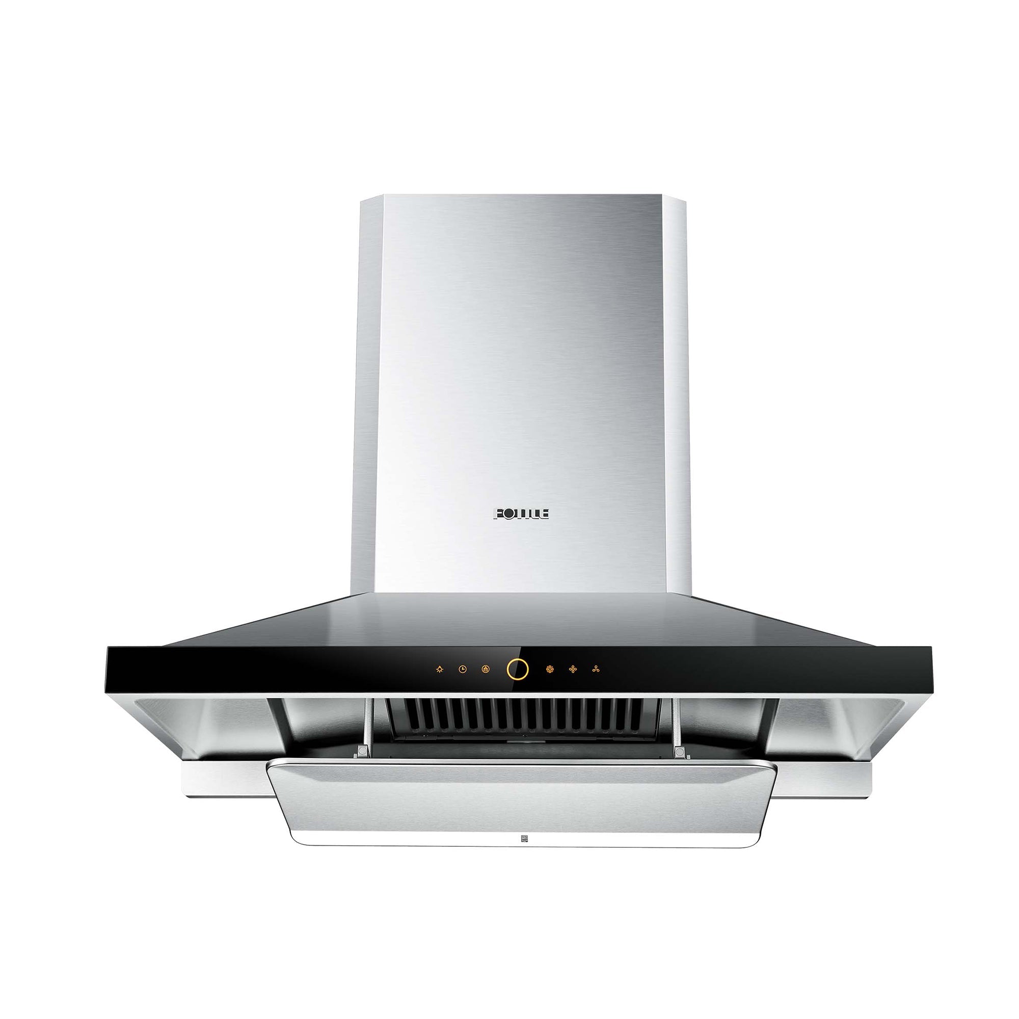 Stainless steel wall-mount range hood with black glass panel and illuminated control icons