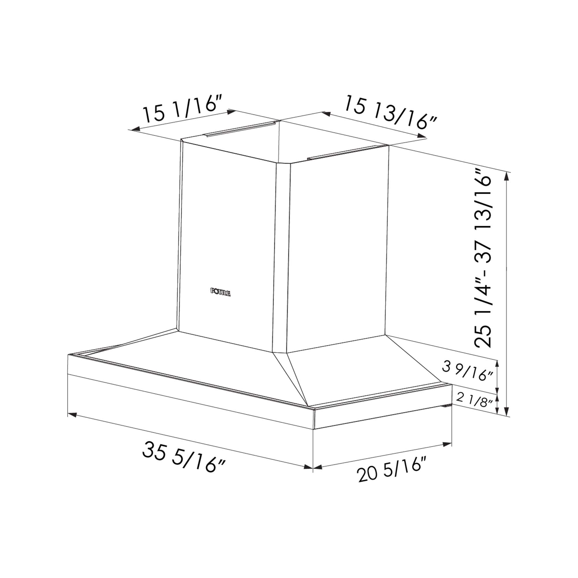 Range hood dimensions diagram with wall-mount chimney and filter base, in inches