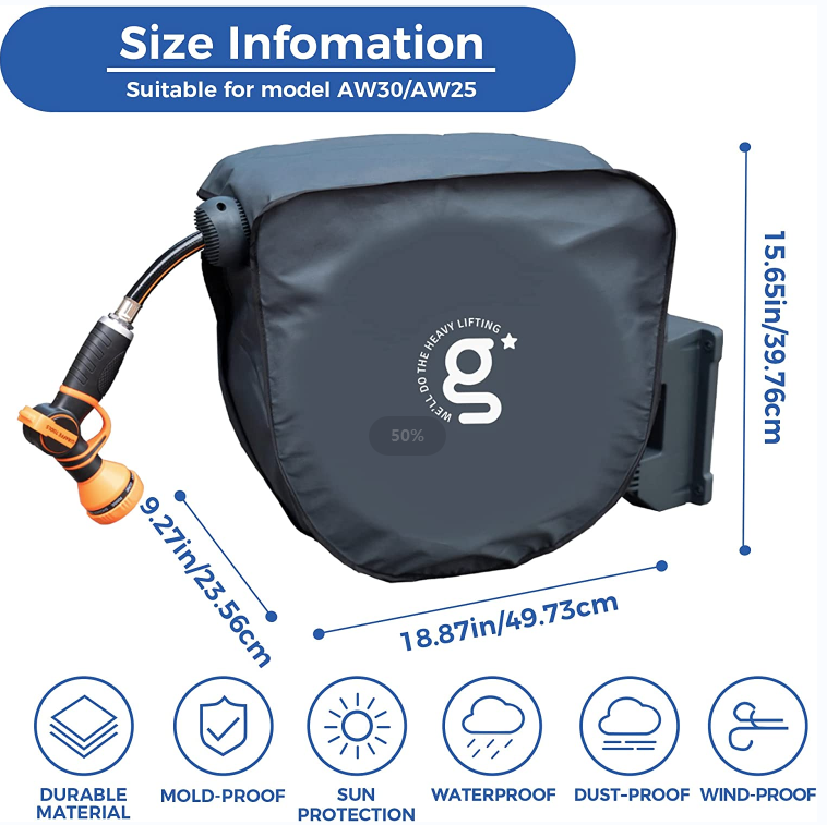 Dark gray hose reel cover with front zipper, g-logo, and side mounting brackets