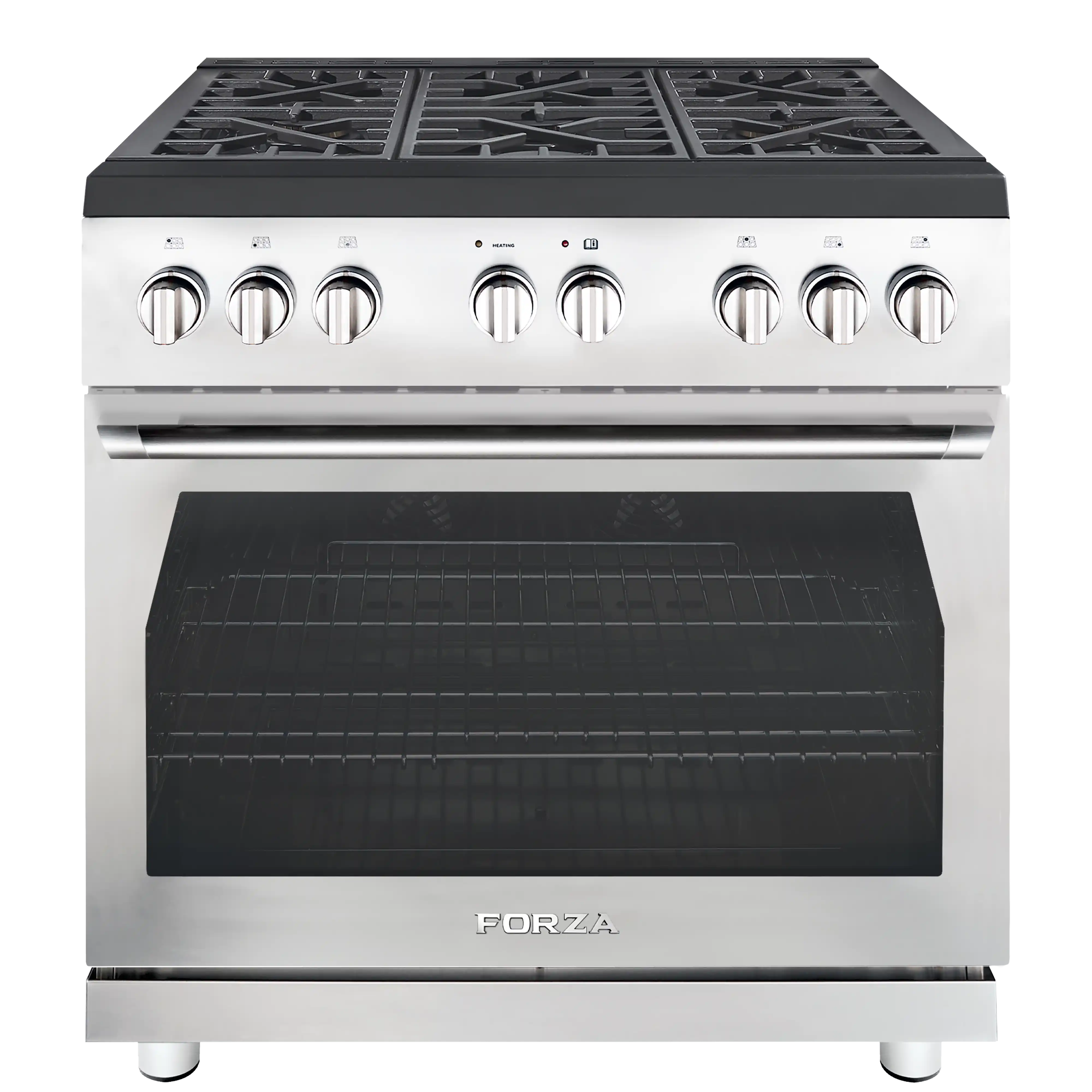 Stainless gas range front with burner control knobs, glass oven door, and FORZA logo