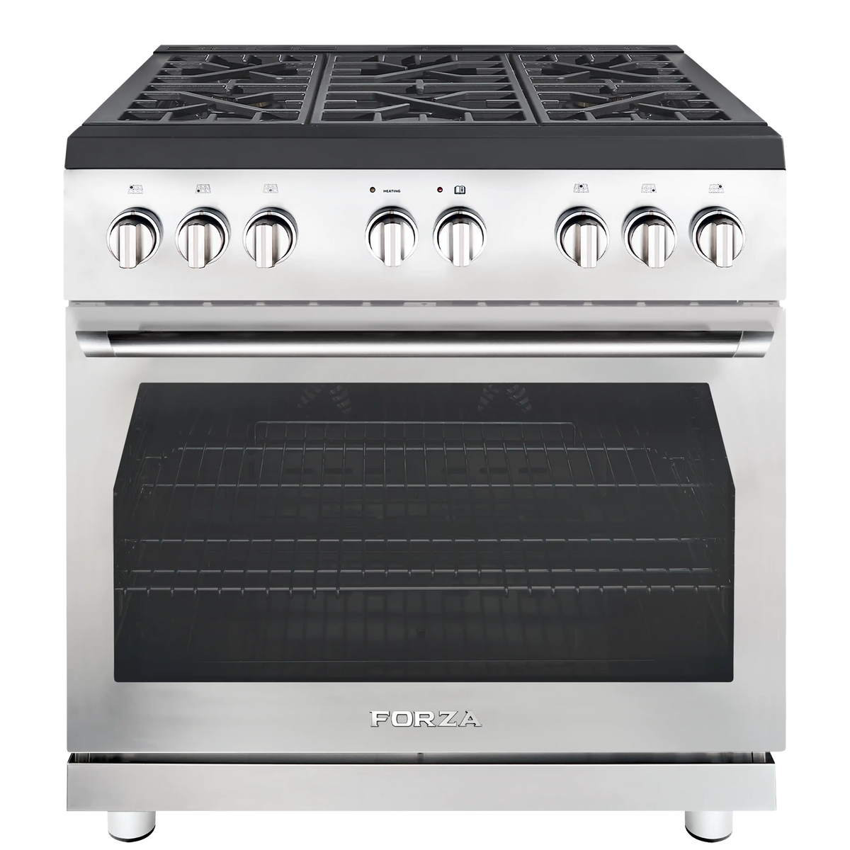 Stainless steel gas range front with burner grates, knobs, and glass oven door