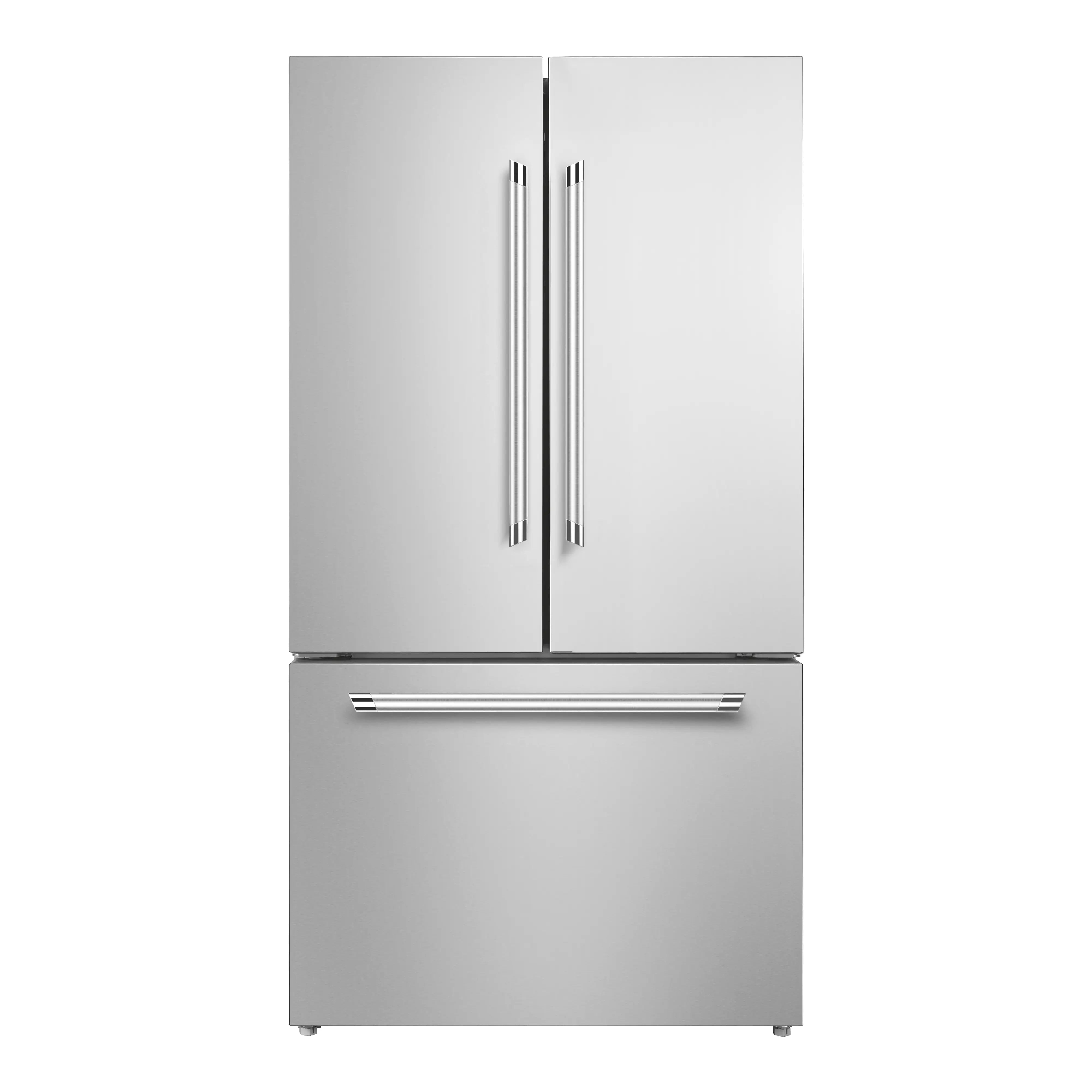 Stainless steel French door refrigerator with bottom freezer, closed front with handles