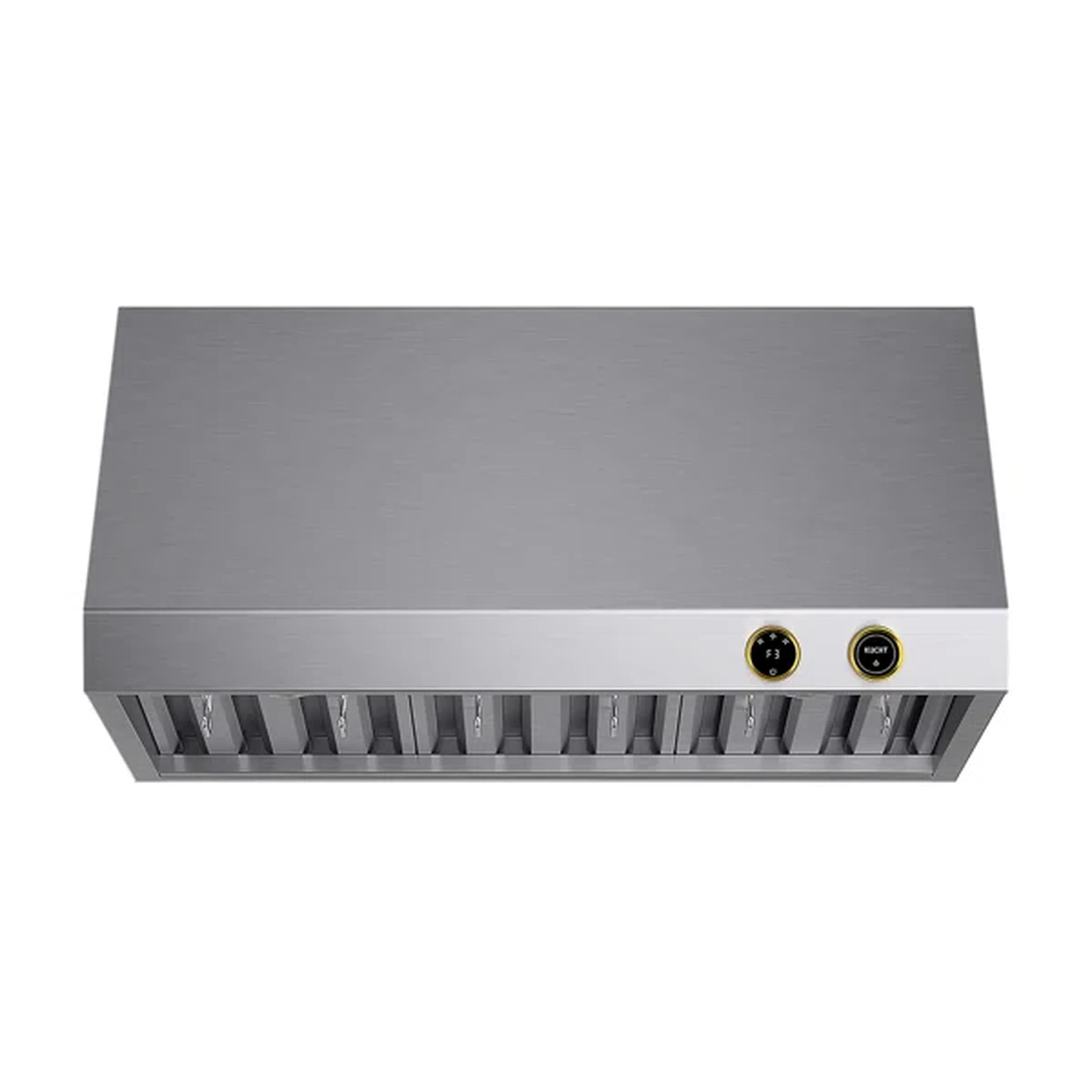 Stainless steel under-cabinet range hood with vented grille and side control knobs