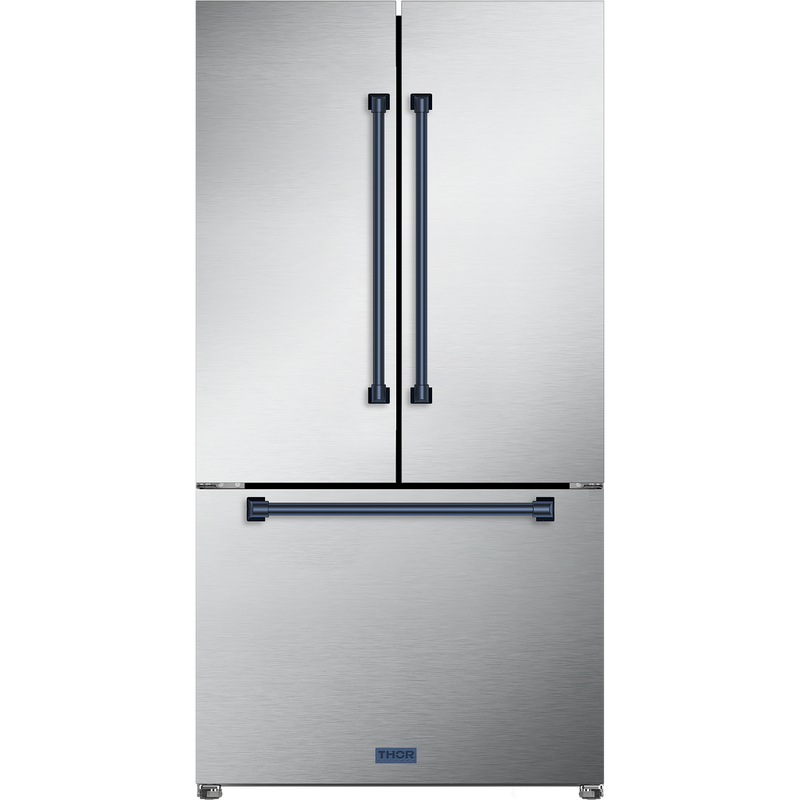 Thor Kitchen Gordon Ramsay Series 36-Inch 20.3 cu ft French Door Counter Depth Refrigerator with Ice Maker in Stainless Steel with Navy Blue Trim  (RF3621CTD99-BLU)