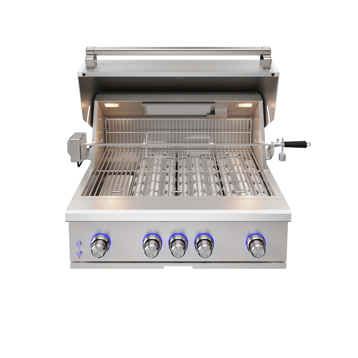 Stainless steel propane BBQ grill with open lid, burners, and front control knobs
