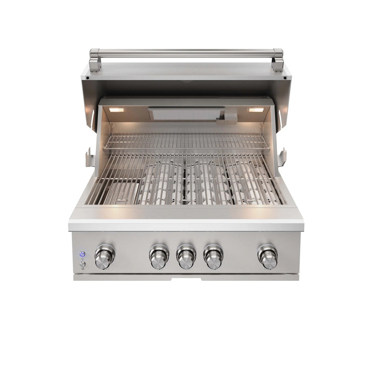 Stainless steel propane BBQ grill with open lid, warming rack, and side burners