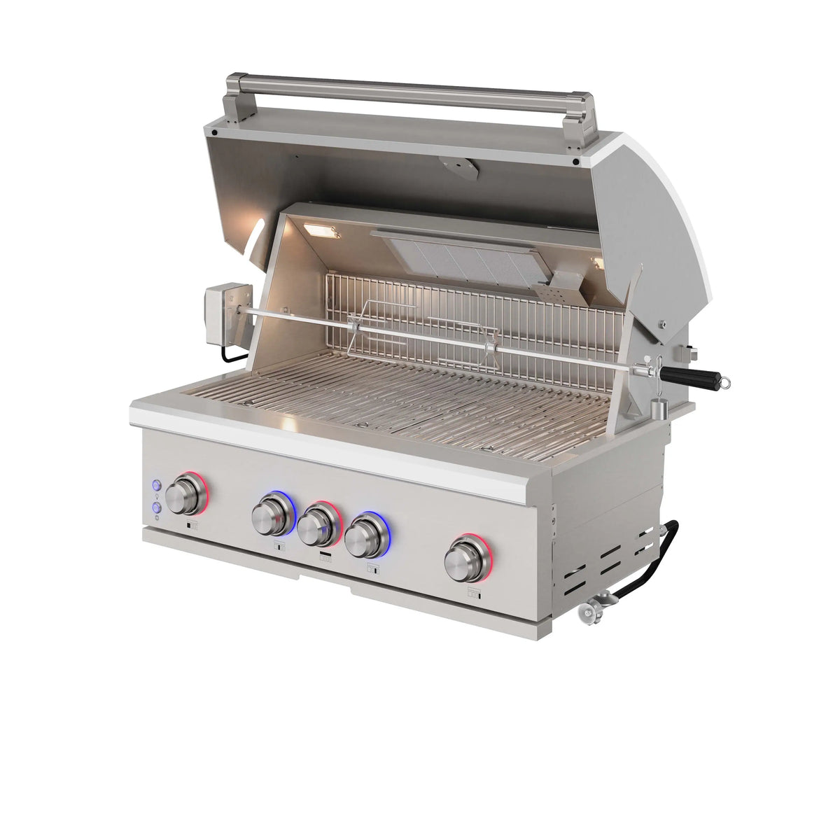 Stainless steel propane BBQ grill with open lid and illuminated burner area
