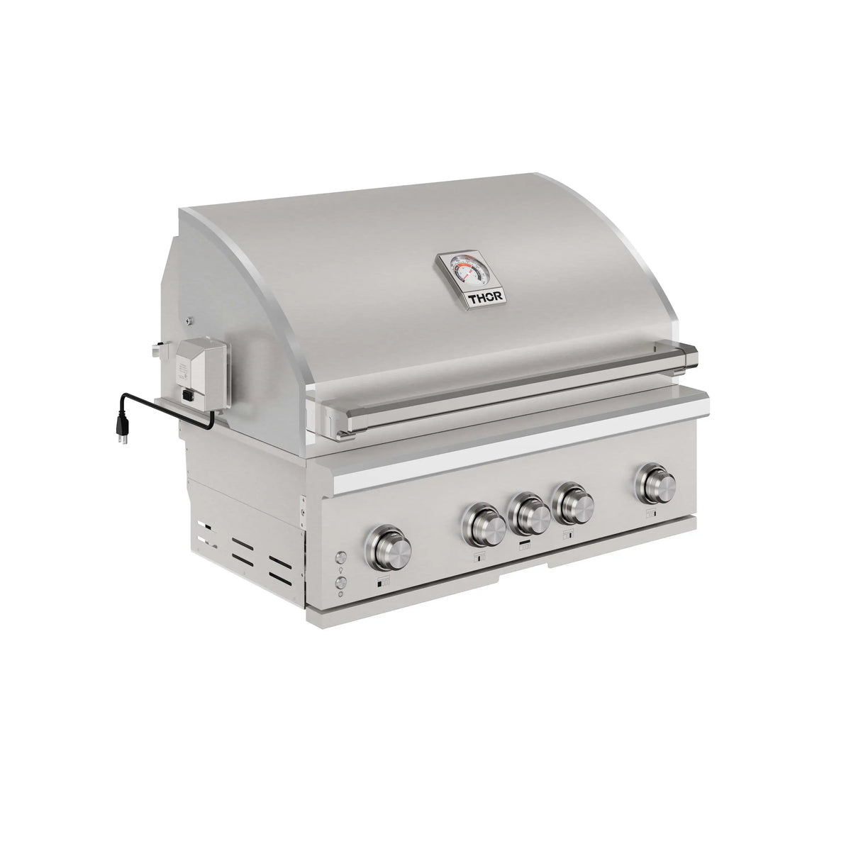 Stainless steel propane gas BBQ grill with front control knobs and domed lid