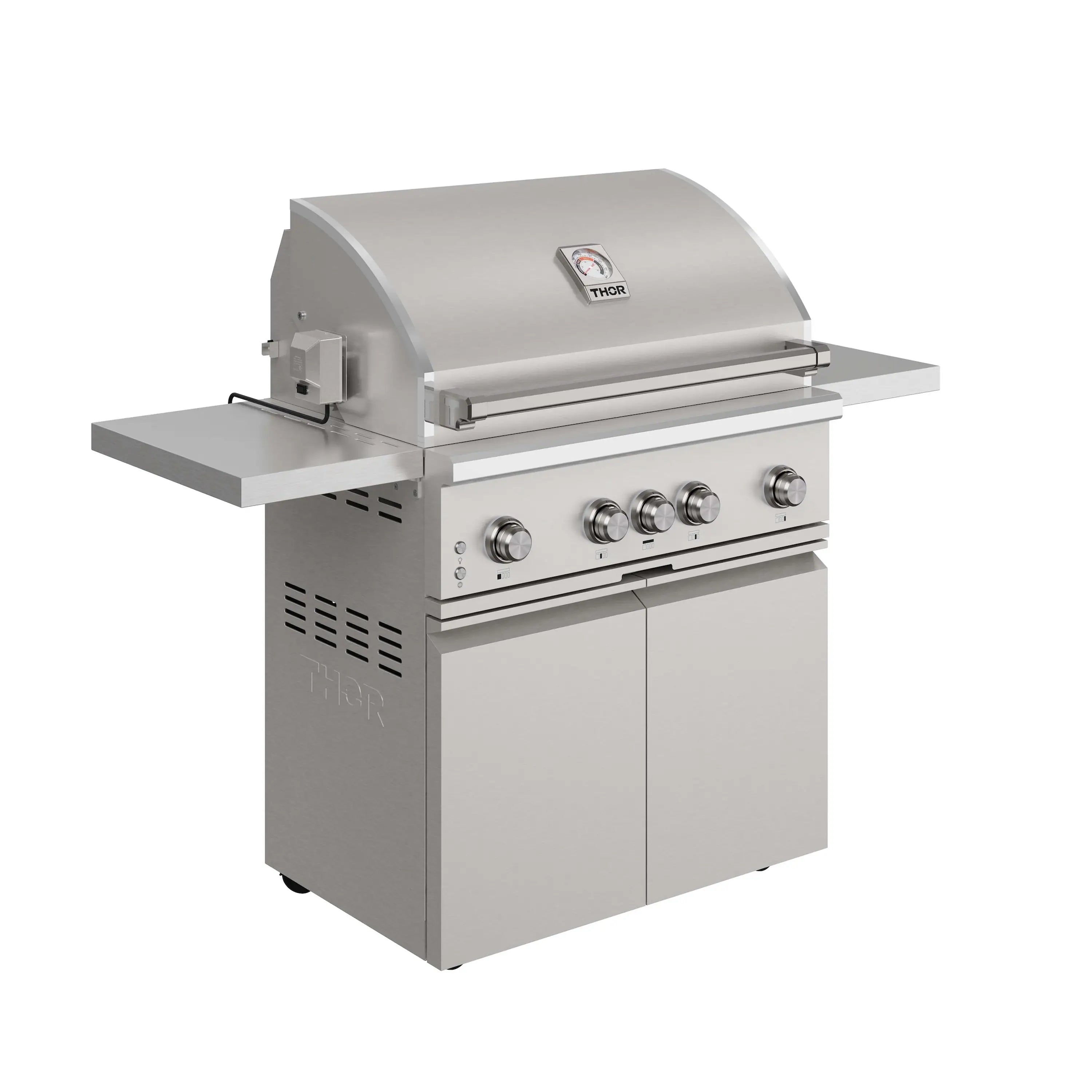 Stainless steel freestanding gas BBQ grill with side shelves and front control knobs