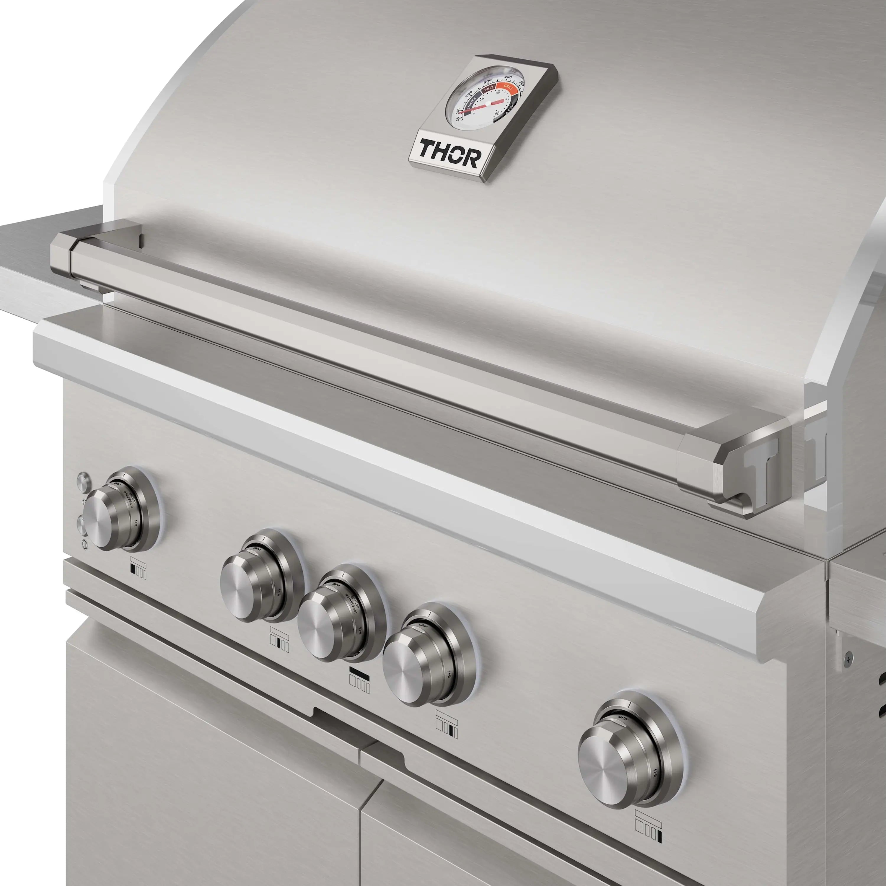 Stainless gas BBQ grill control panel with metal knobs along the front