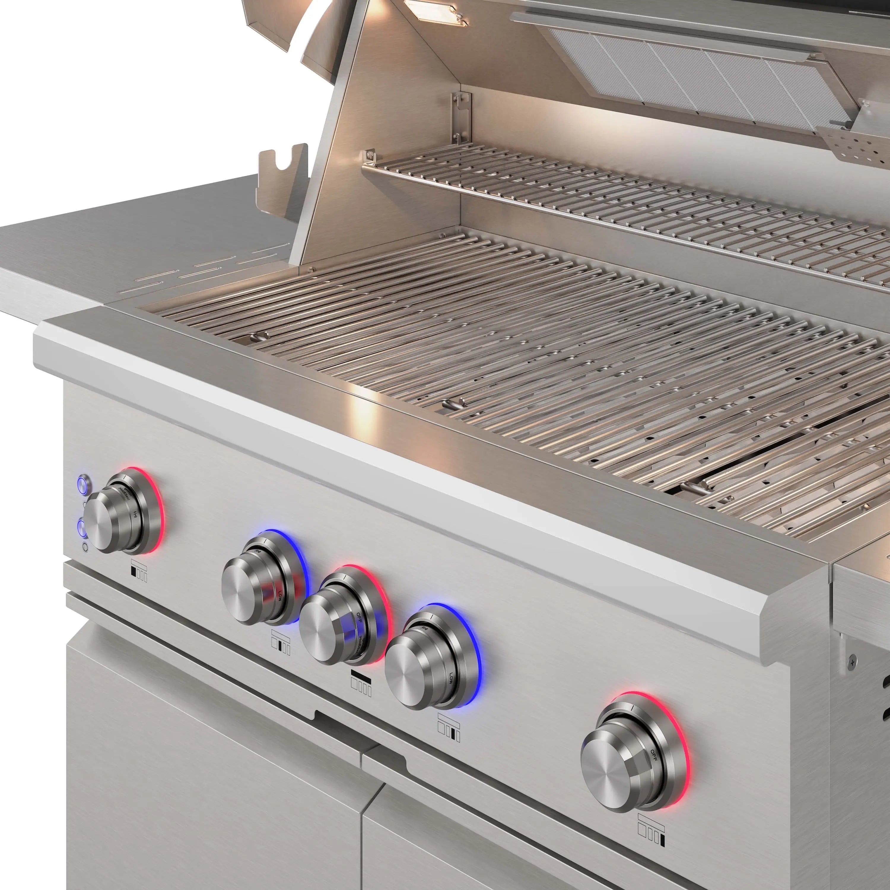 Open stainless gas BBQ grill with cooking grates and control knobs with blue and red accents