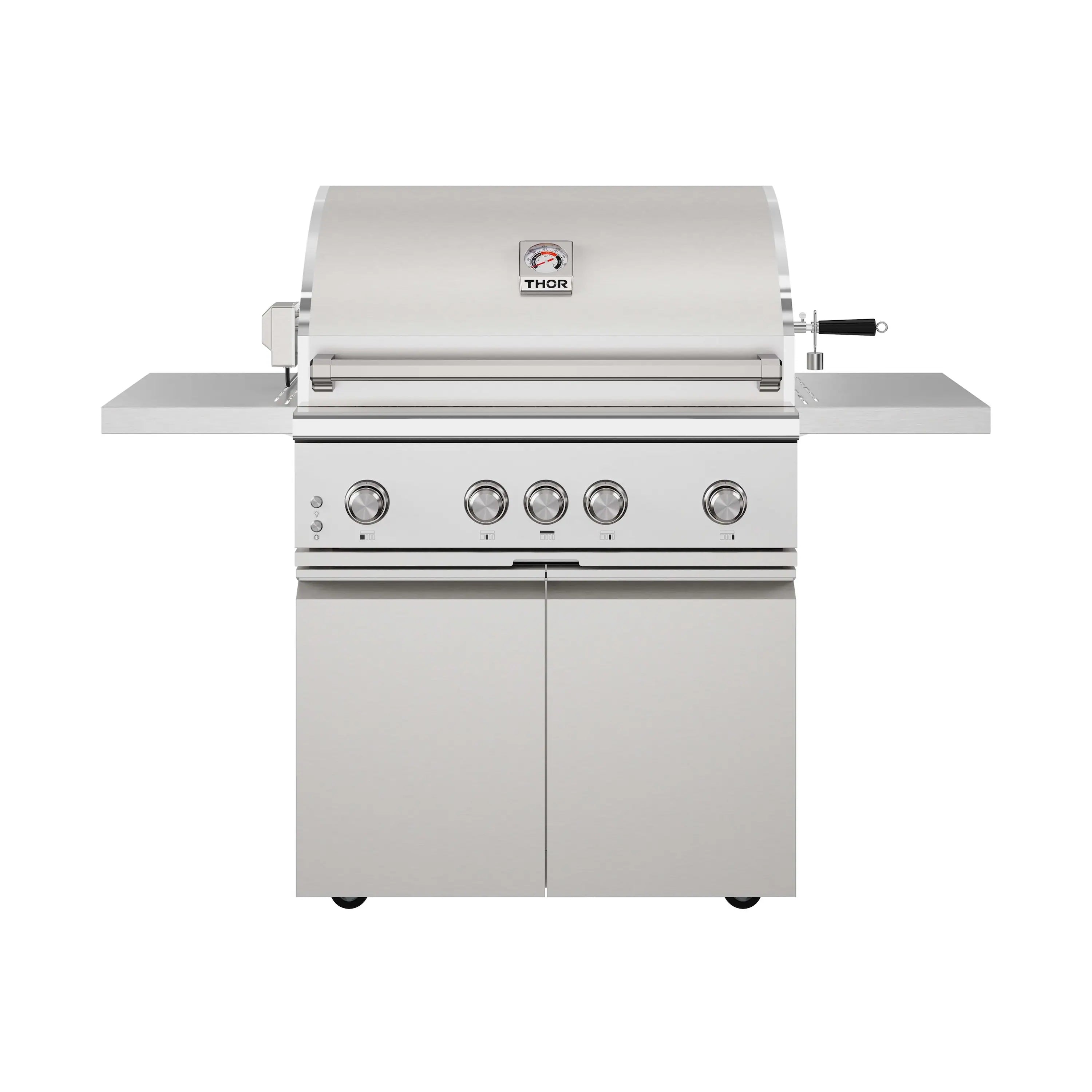 Stainless steel freestanding propane grill, hooded lid, four knobs, side shelves