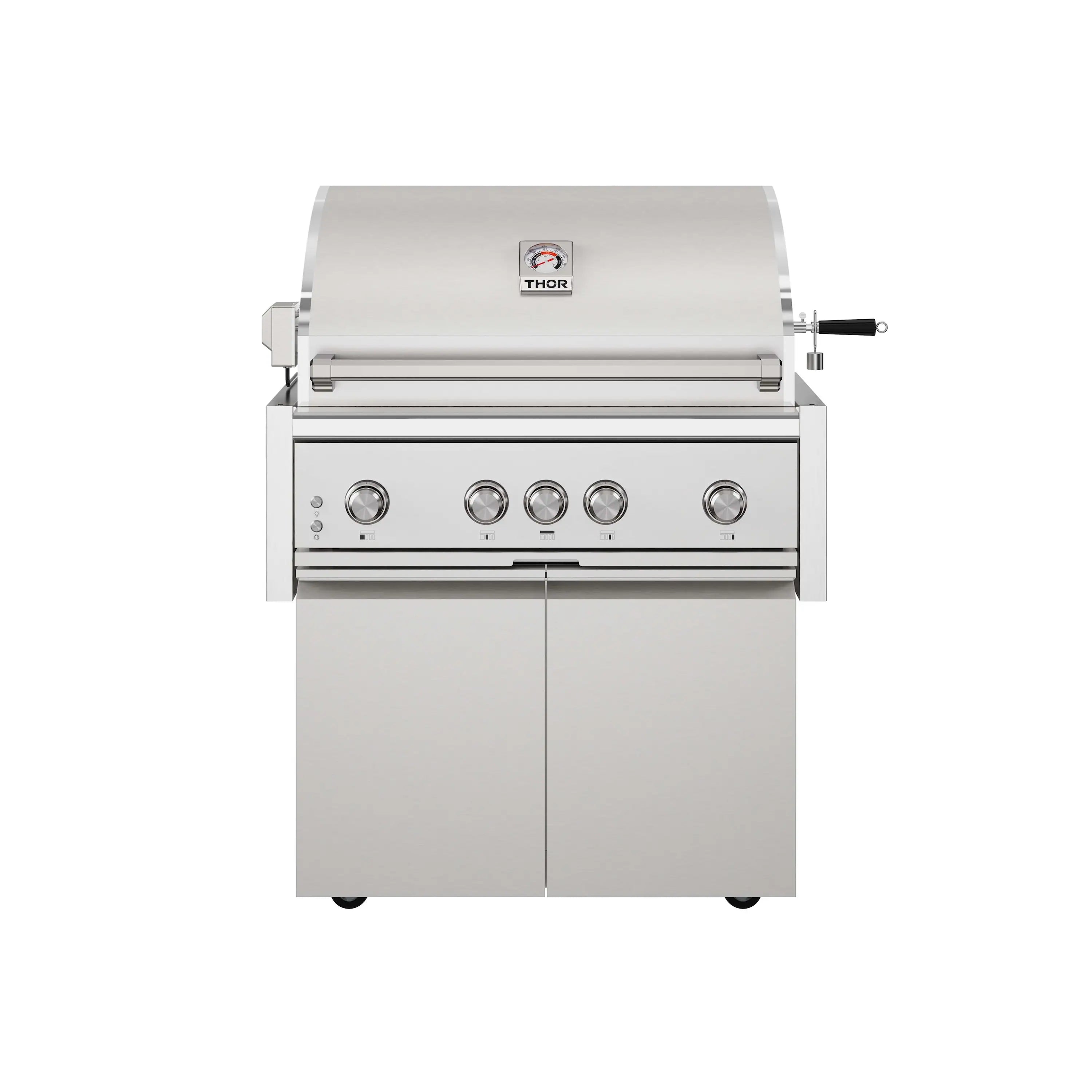 Stainless steel propane BBQ grill with closed hood, four burner knobs and control panel