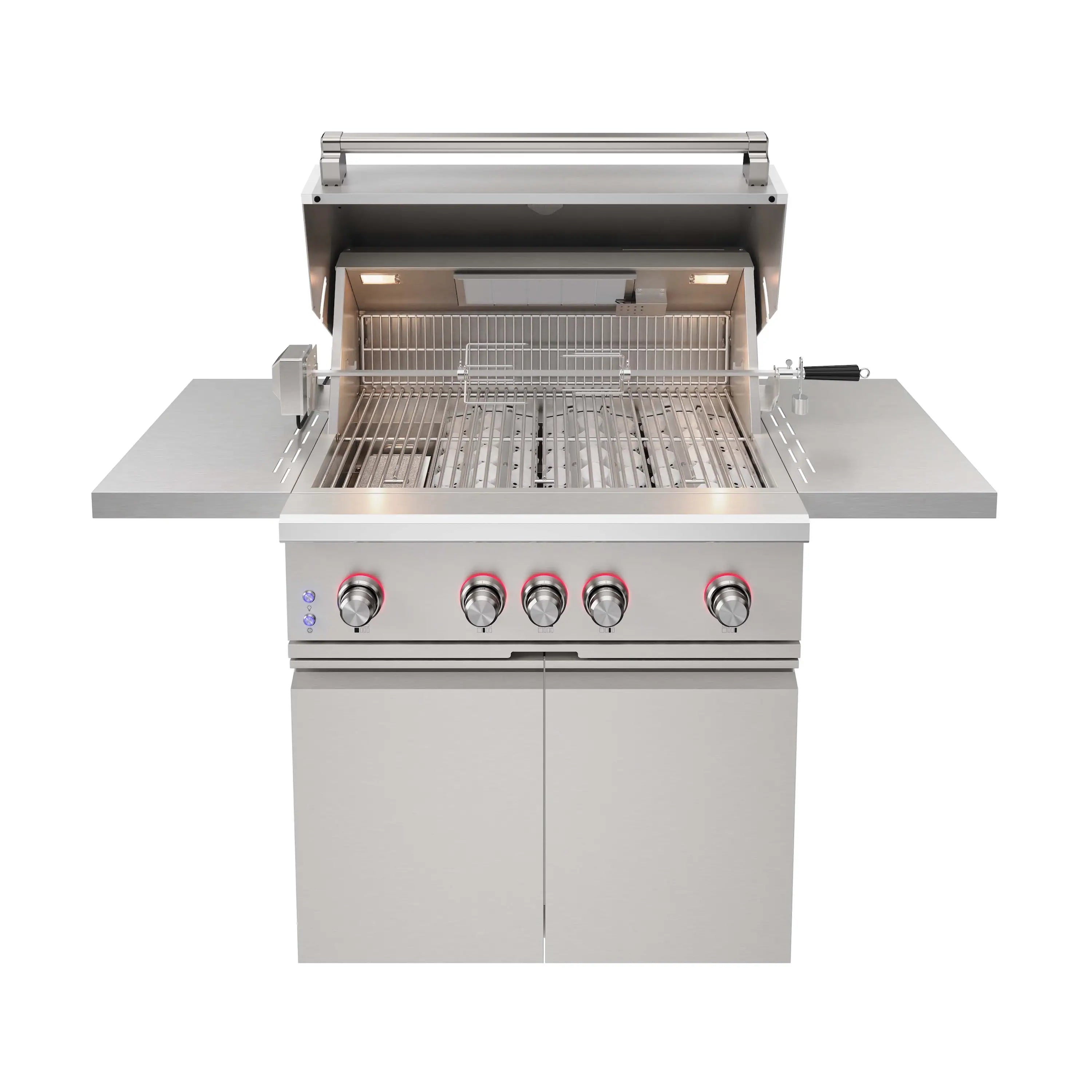 Stainless steel freestanding gas BBQ grill with open lid and front control knobs