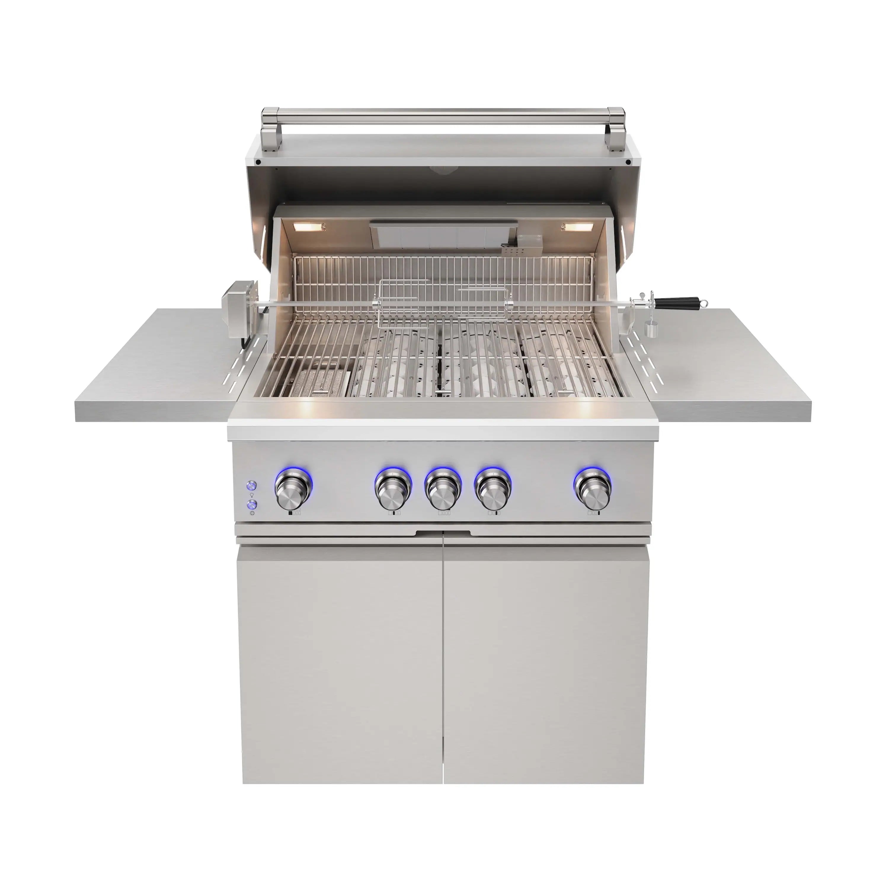 Stainless steel freestanding gas BBQ grill with open lid and illuminated control knobs