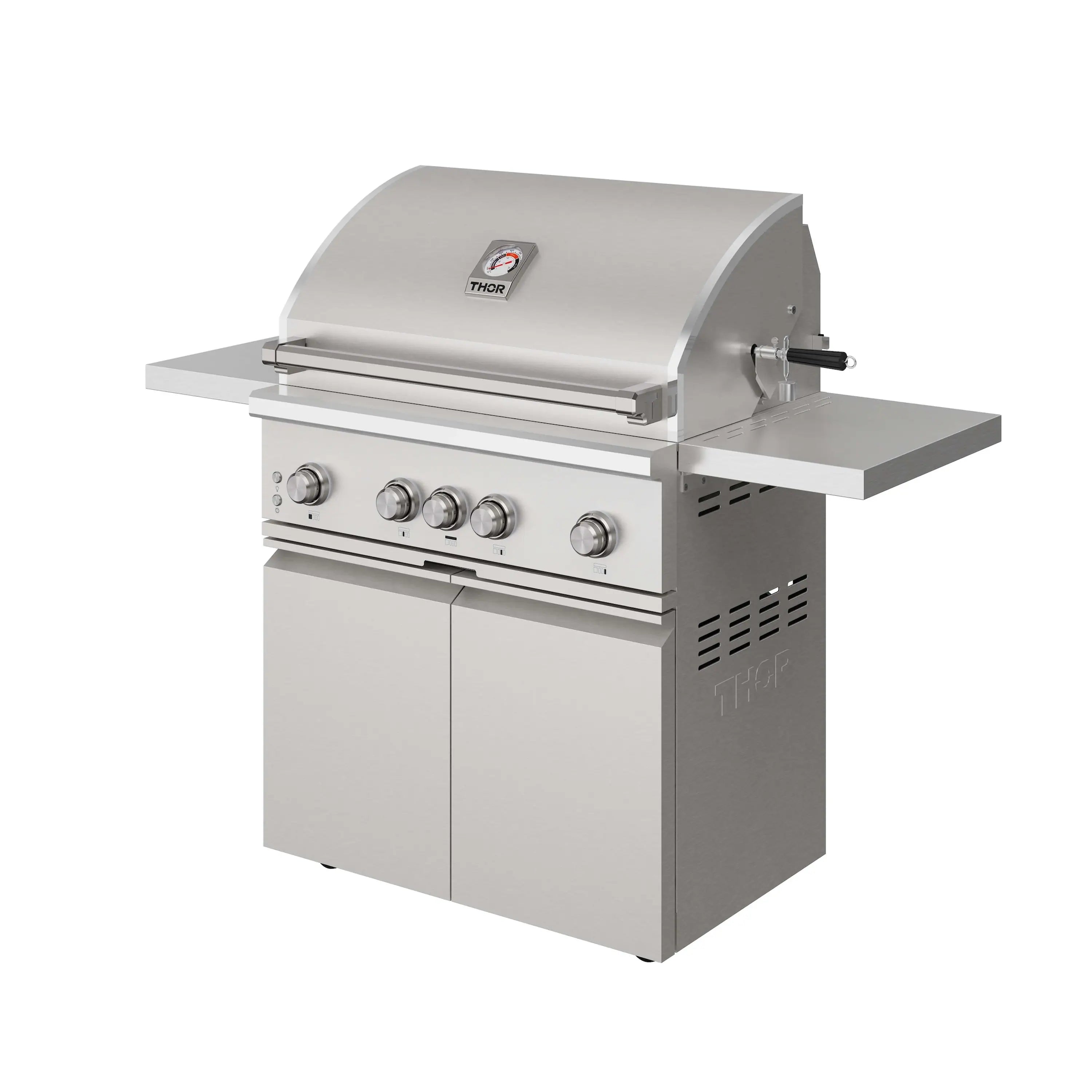 Stainless steel freestanding gas BBQ grill with closed lid and Thor logo