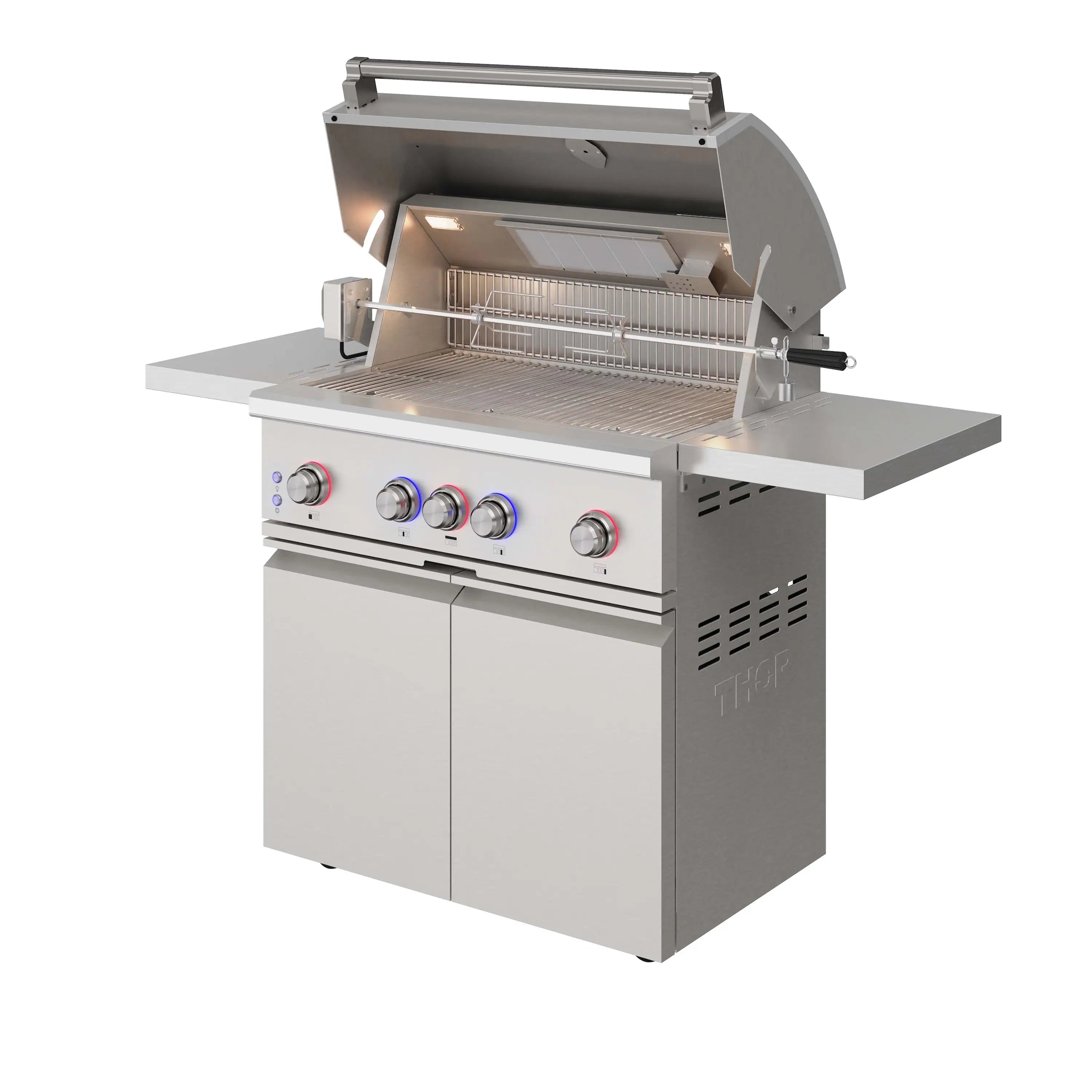 Stainless steel freestanding gas BBQ grill with open lid and front control panel