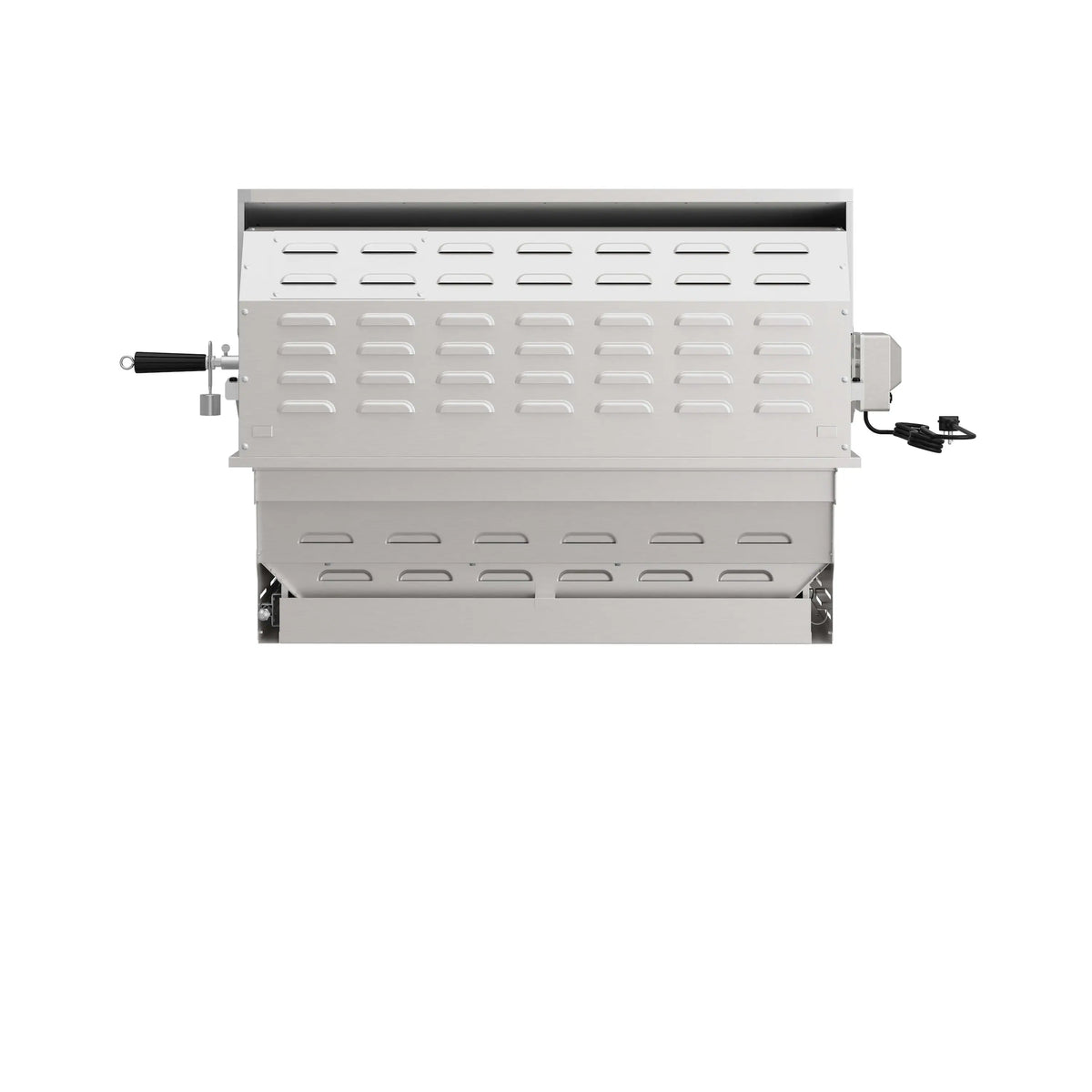 Rear view of stainless steel propane BBQ grill with vented heat plates