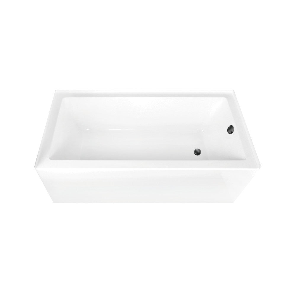 Rectangular alcove acrylic tub with black drain and overflow, glossy white finish