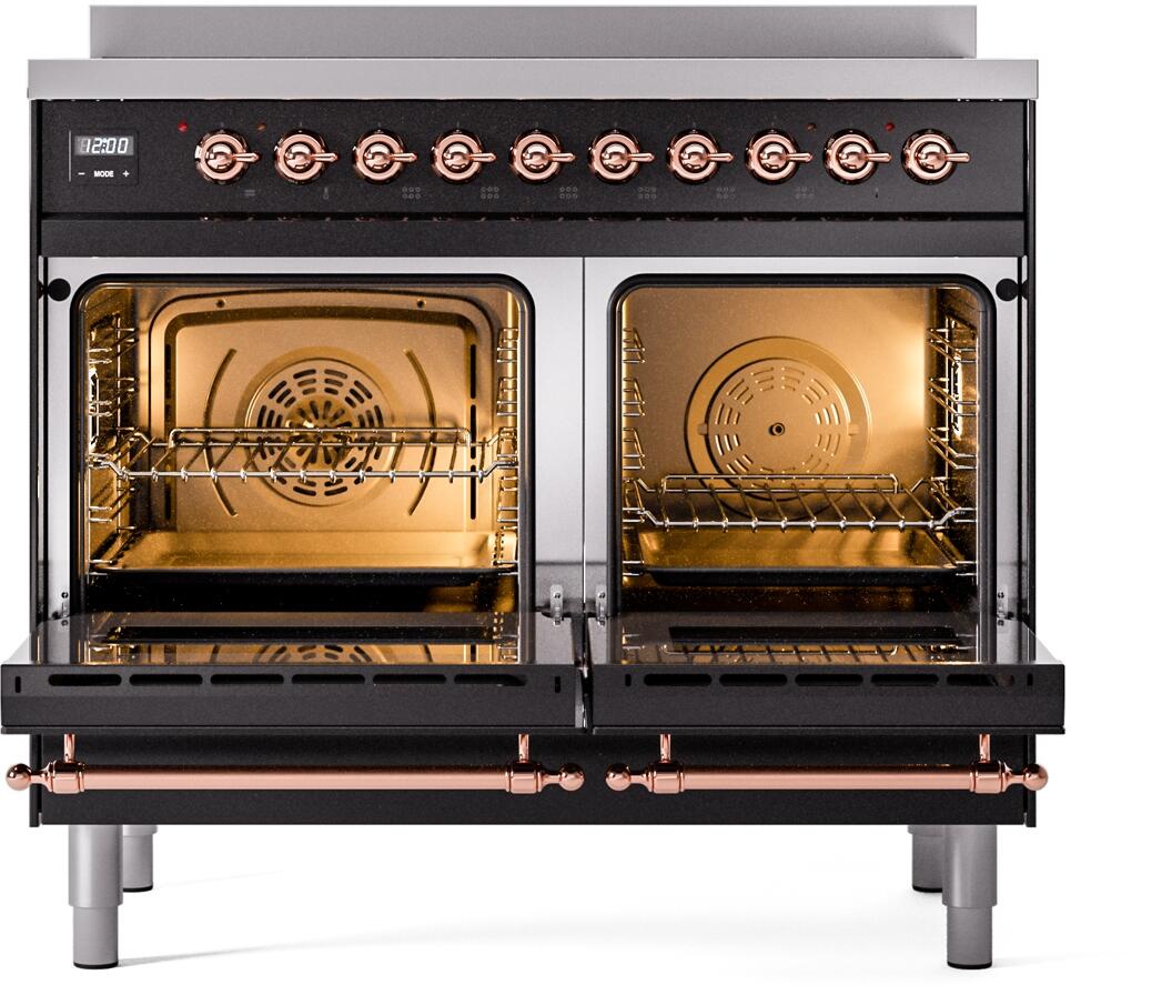 Freestanding electric induction range with two open ovens, glossy black finish, copper trim.