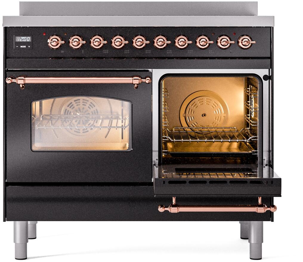 Freestanding electric induction range with copper-accent oven door controls, one oven open.
