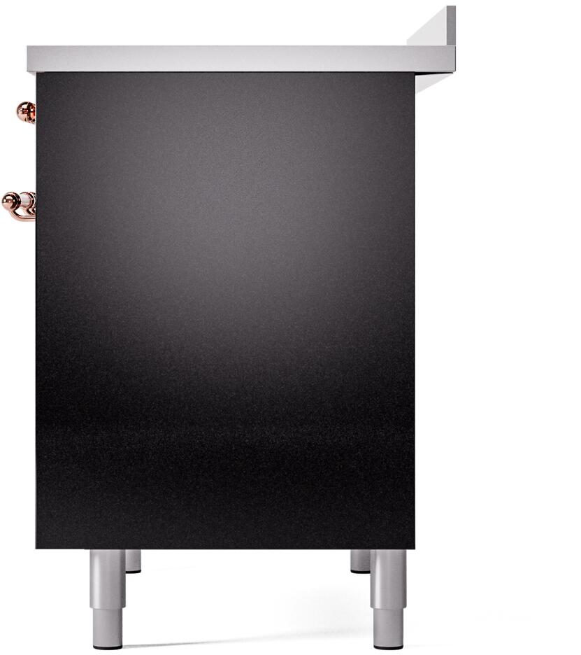 Glossy black range base panel with copper trim accents and silver leveling feet.
