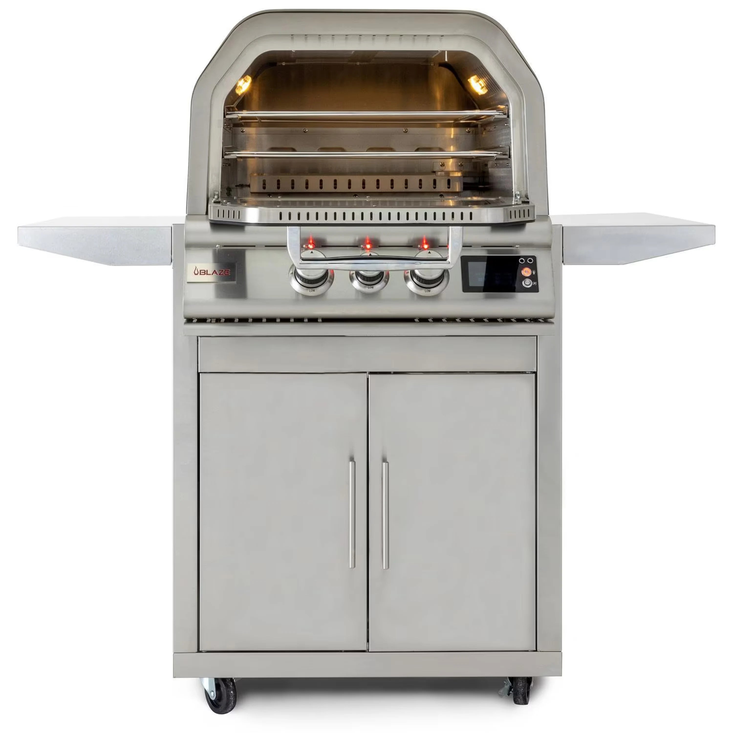 Outdoor propane pizza oven with lit glass-front cooking chamber and control knobs