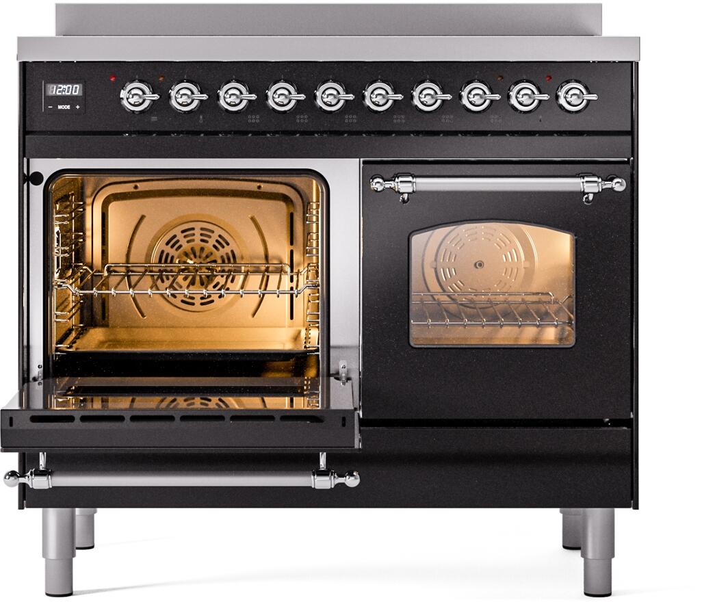 Glossy black freestanding induction range with left oven door open, right door closed