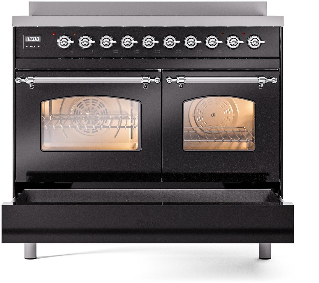 Glossy black freestanding induction range front with two oven glass windows