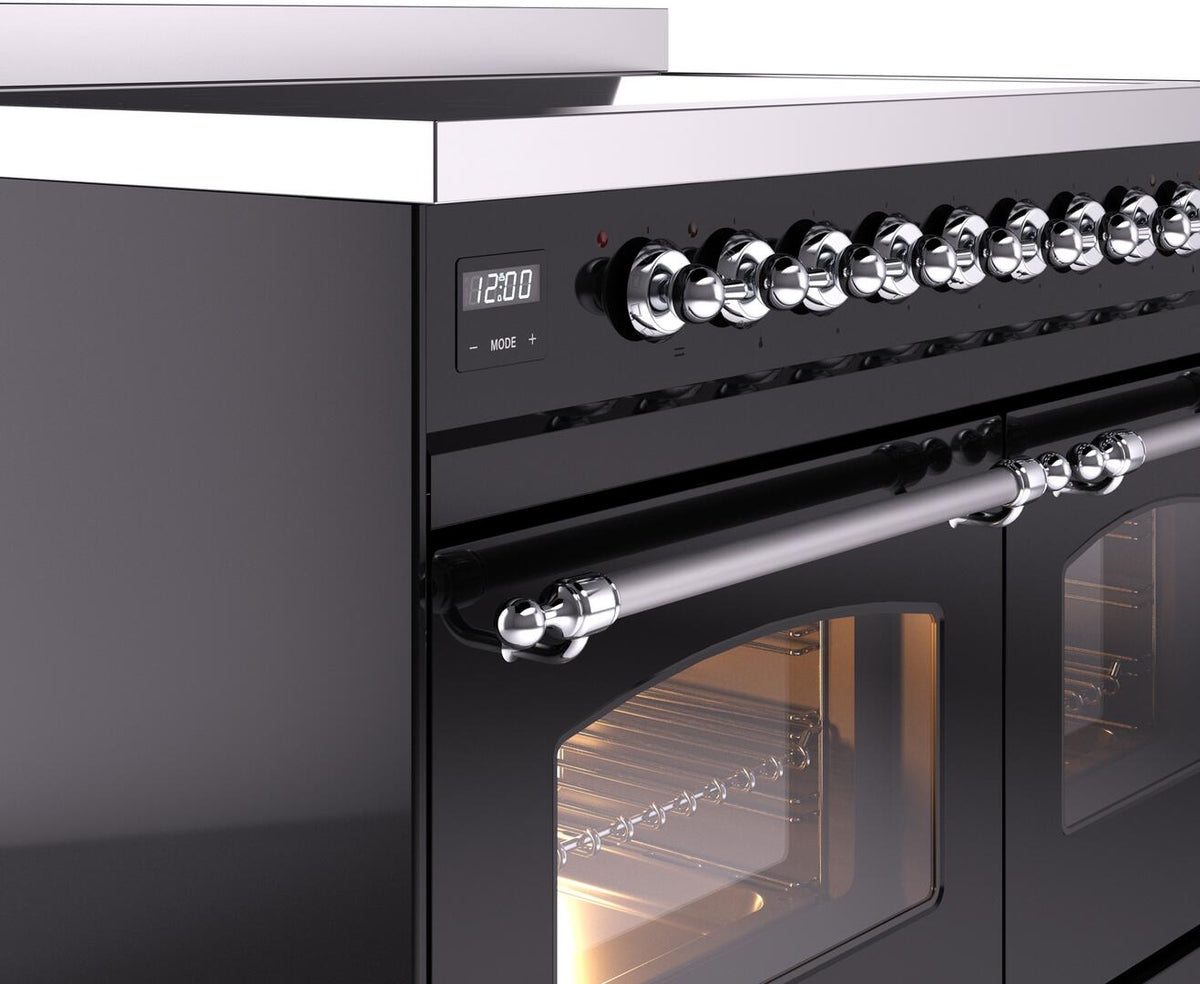 Chrome control knobs and oven handle on glossy black induction range