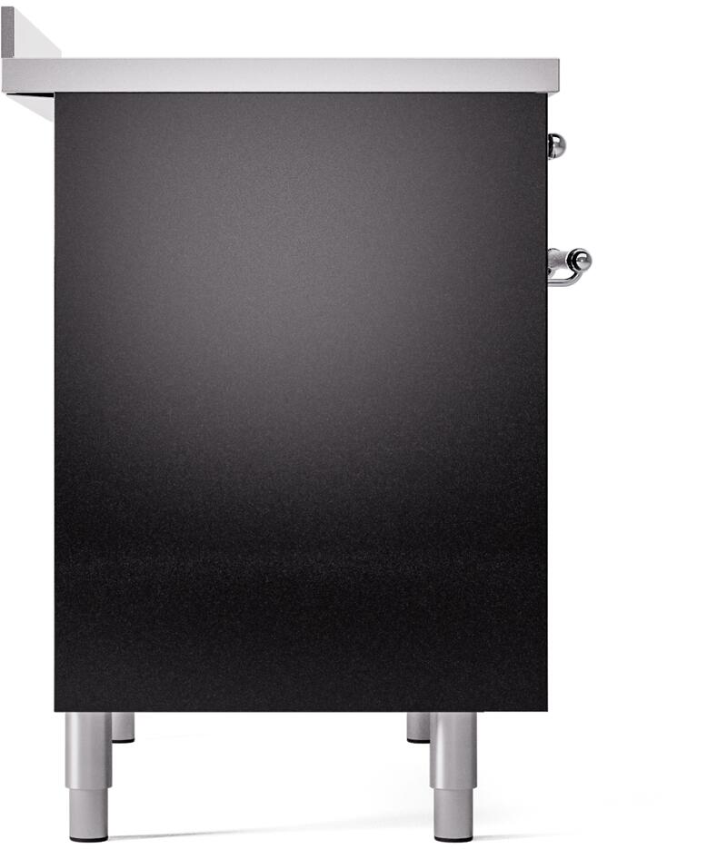 Black freestanding induction range side panel with leveling feet and metal trim