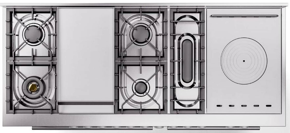 Cooktop underside view showing burner grates and a circular French-top burner