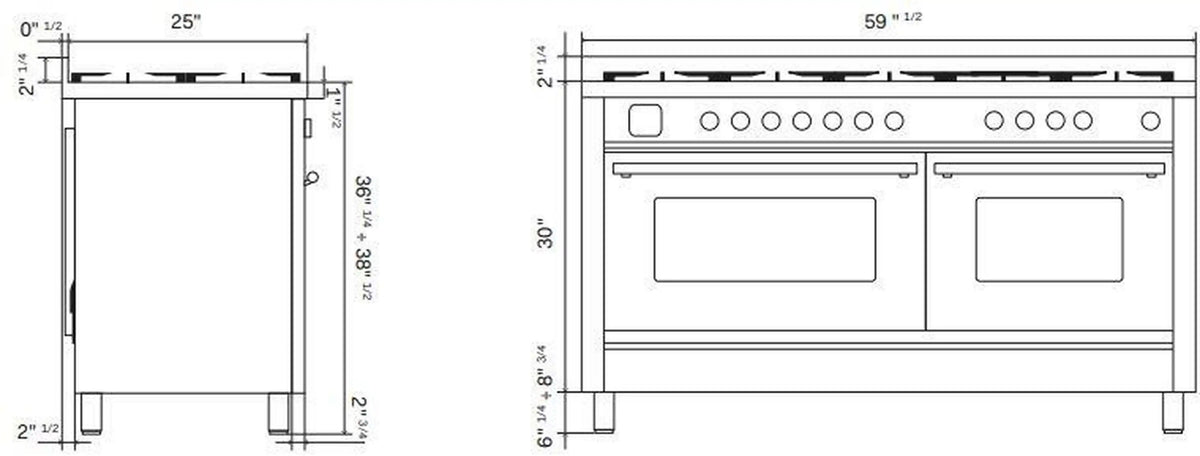 Technical line drawing of 60-inch dual oven gas range dimensions