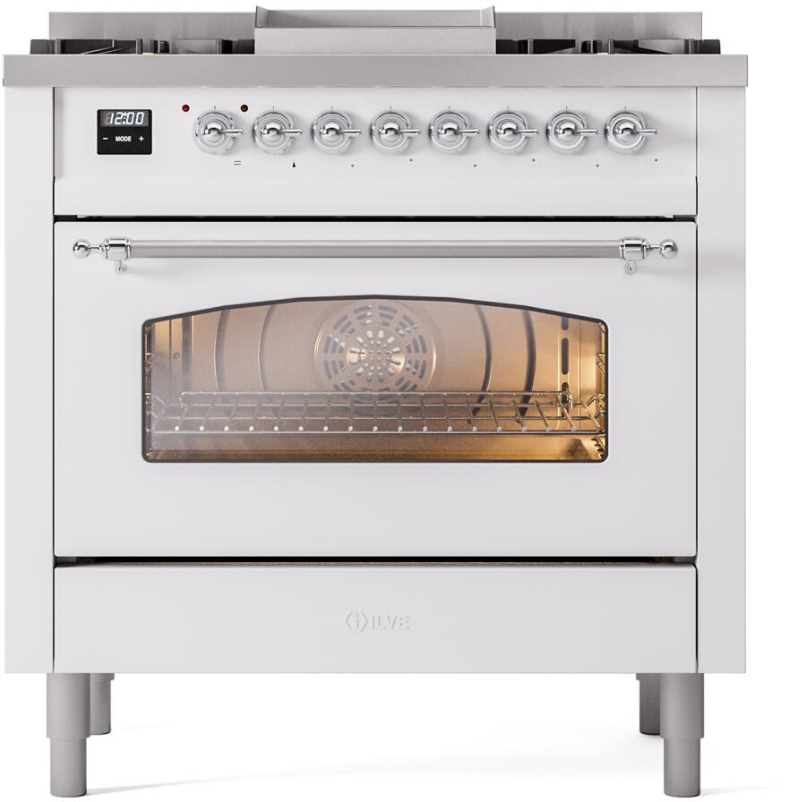 White freestanding range front with glass oven window and chrome control knobs